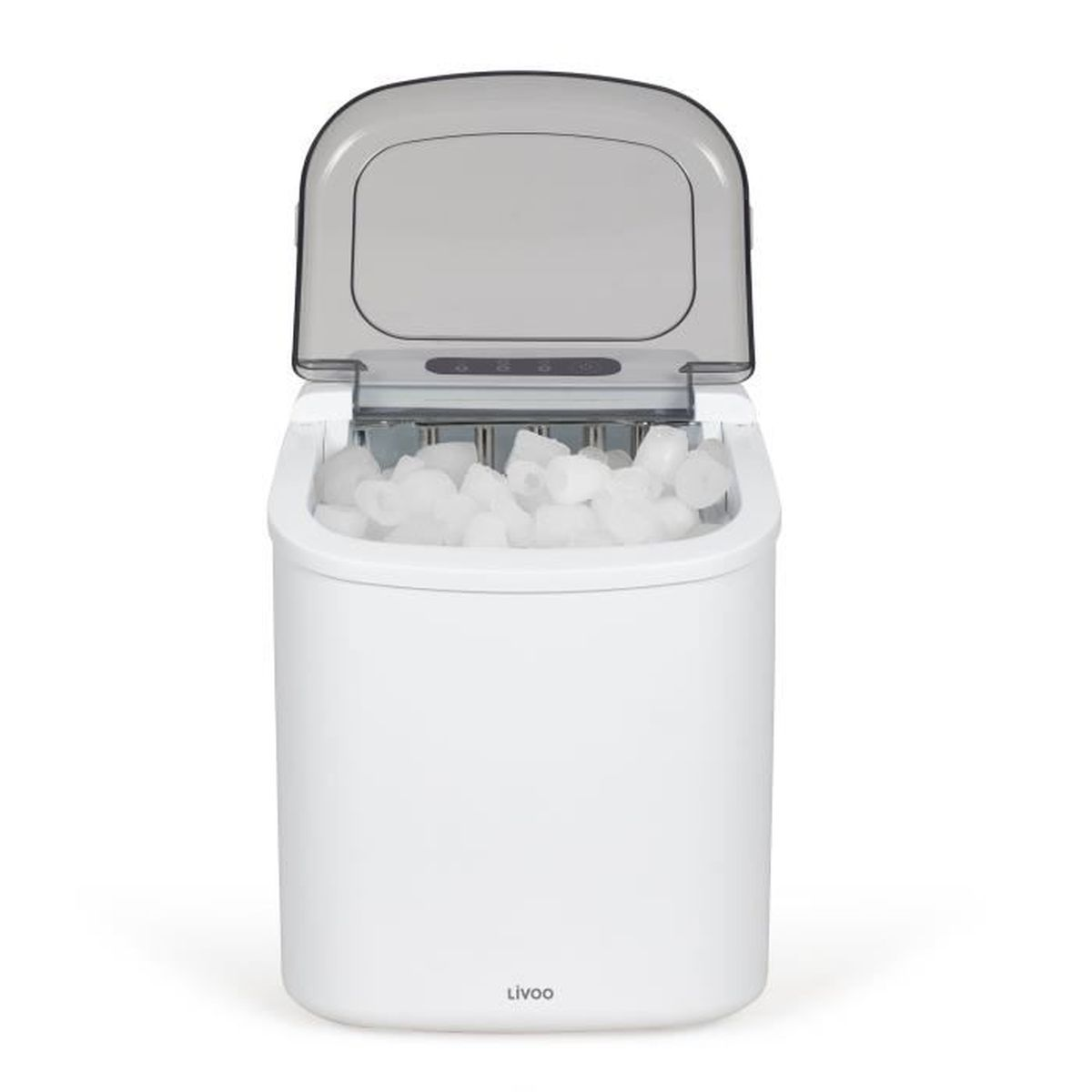 Ein weißer Eiswürfelbereiter mit durchsichtigem Deckel, gefüllt mit Eiswürfeln.