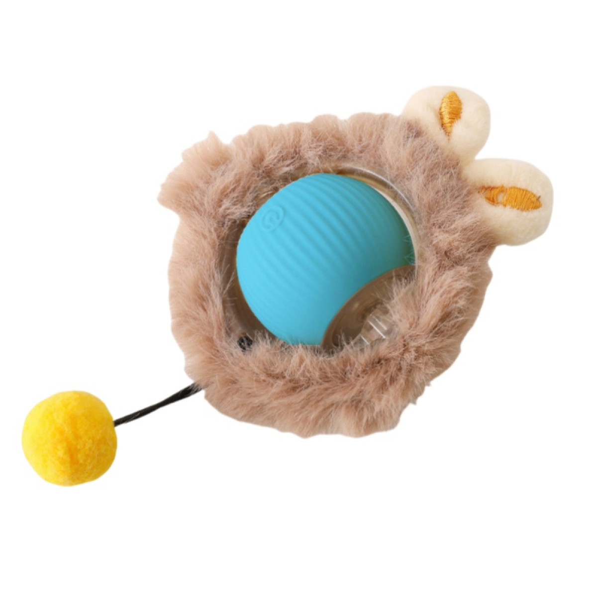 Ein pelziges braunes Spielzeug mit einem blauen Ball und einem gelben Ball.