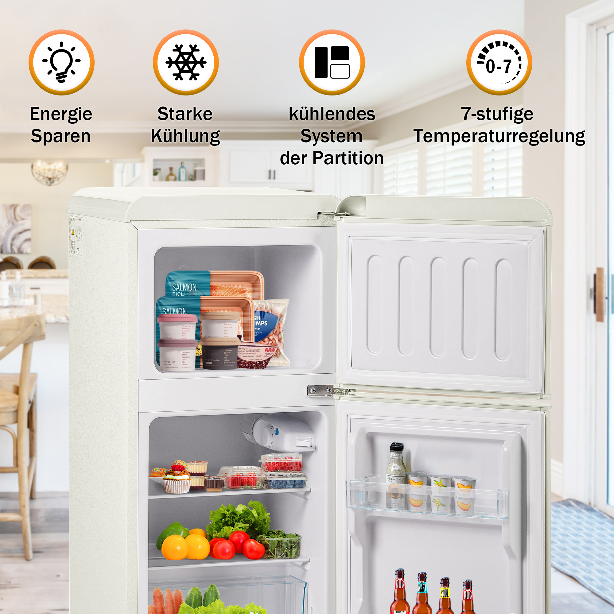 Ein offener Kühlschrank mit Lebensmitteln, Obst und Getränken. Oben sind Symbole für Energie, Kühlung und Temperaturregelung.