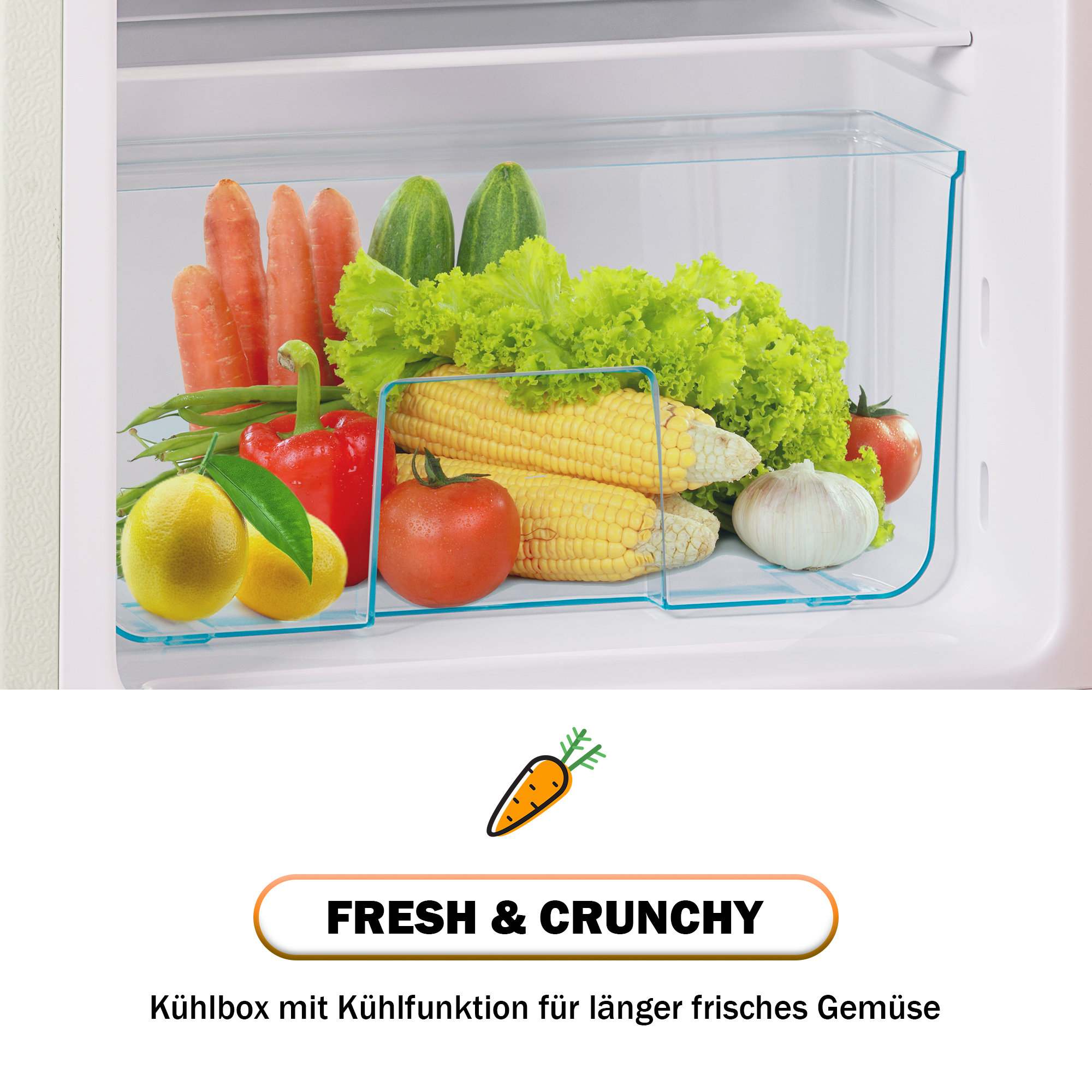 Frisches Gemüse wie Karotten, Salat, Mais, Tomaten, Zitrone, Knoblauch in Kühlschublade.