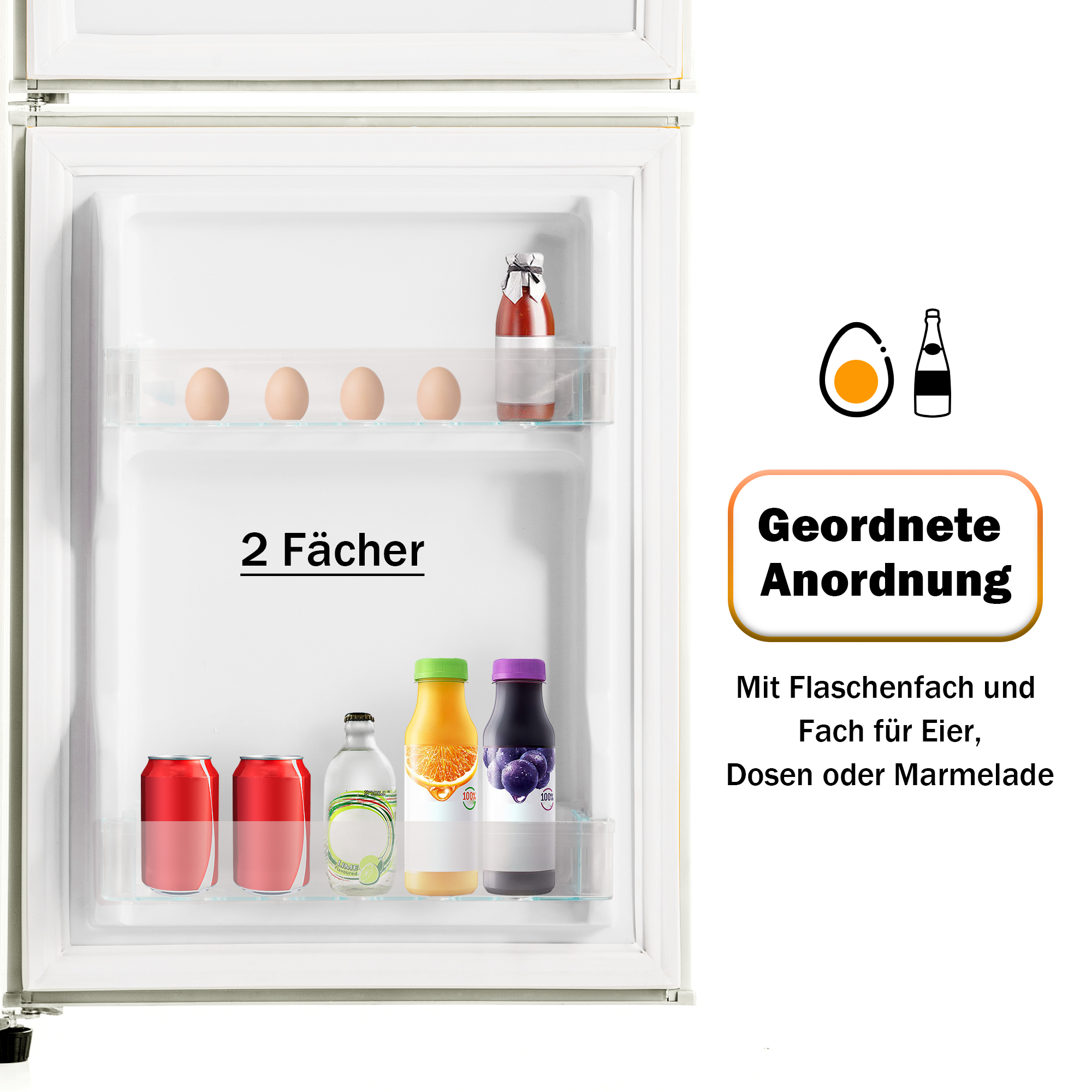 Gefrierschrank mit Eiern, Dosen und Flaschen auf den Regalen.