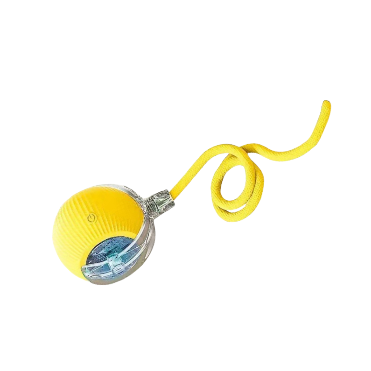 Gelber Spielball mit transparenter Mitte und gelbem Seil.