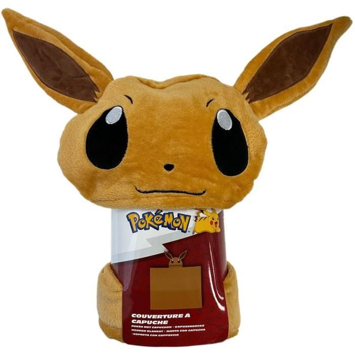 Brauner Pokémon Eevee-Umhang mit Ohren und Gesicht auf einer verpackten Decke.