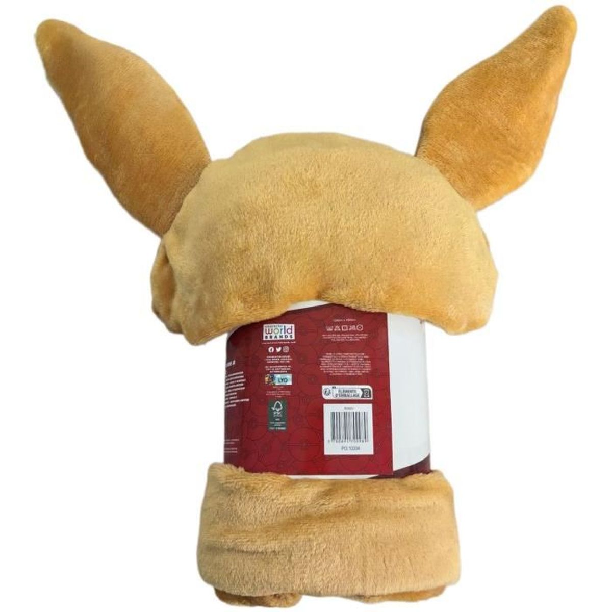 Ein gelber Plüschhut mit großen Ohren sitzt auf einer Rolle mit rotem Etikett.