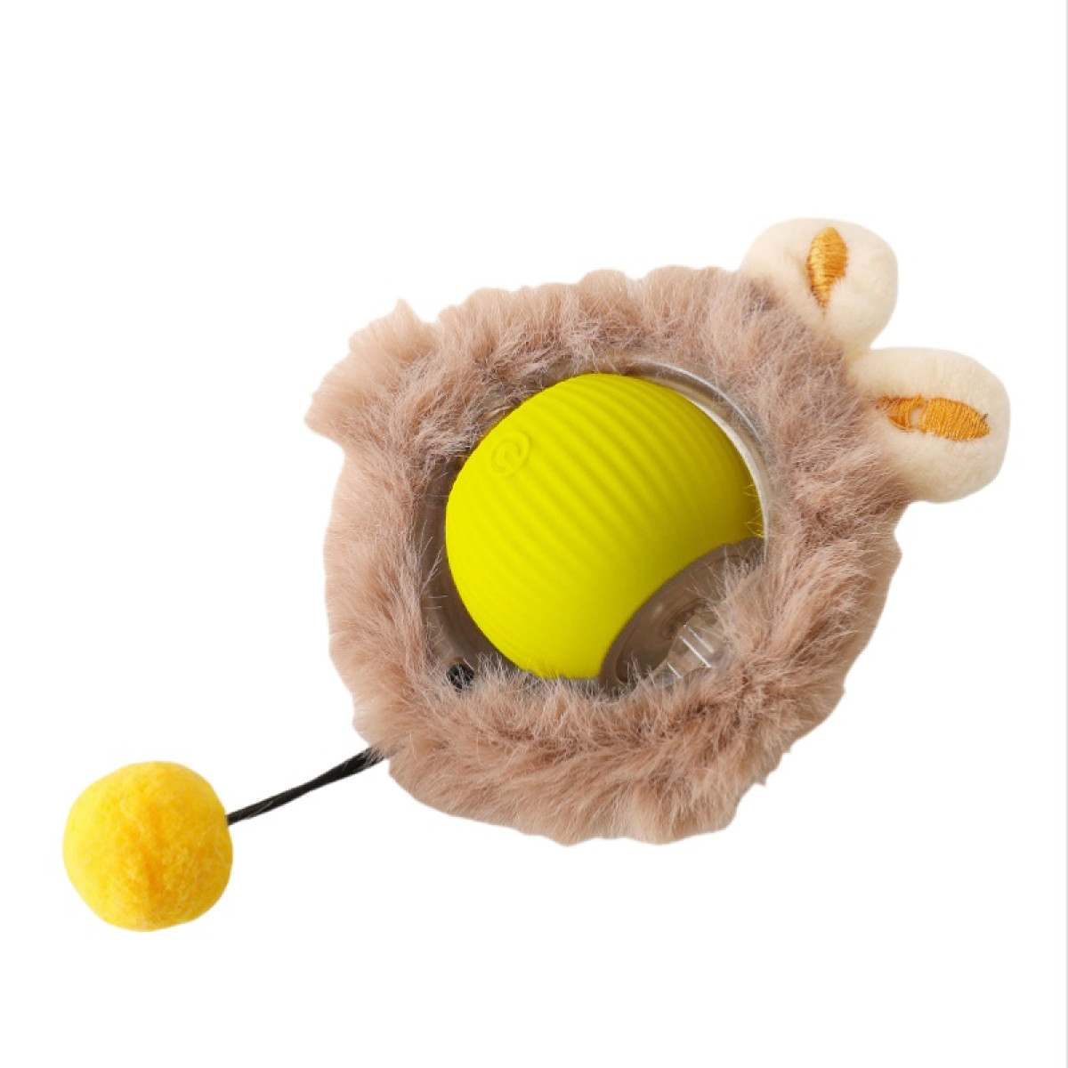 Ein flauschiges Spielzeug mit einem gelben Ball im Inneren und einem kleinen gelben Pompon.