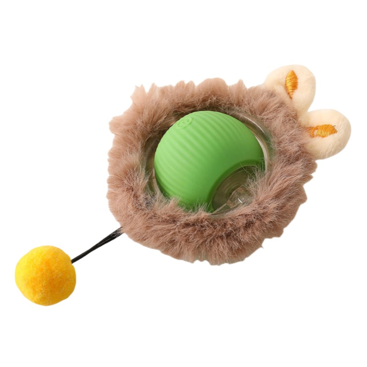 Grüner Ball in braunem Fellkäfig mit gelbem Ballanhänger und Ohren.