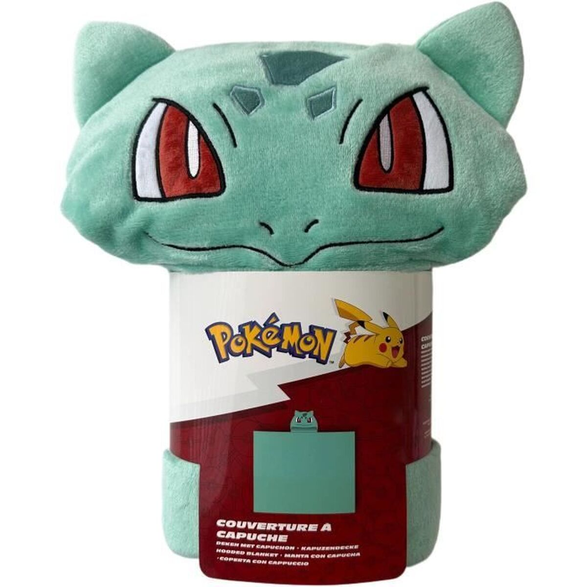 Ein grüner Pokémon-Kapuzenpullover mit Bulbasaur-Gesicht und Pikachu-Logo.