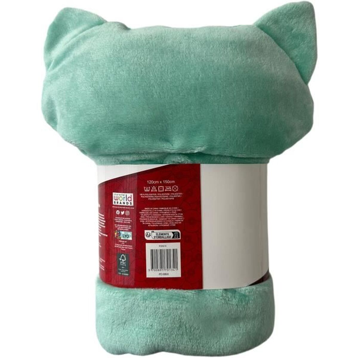 Ein hellgrüner, gefalteter Plüsch-Überwurf mit Katzenohren. Mittig ist eine Banderole.