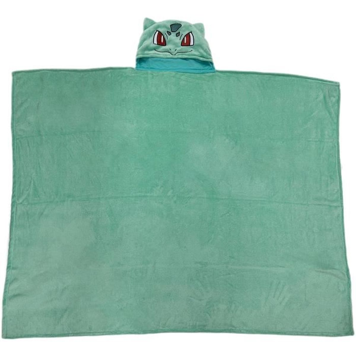 Eine grüne Decke mit Kapuze, die wie ein Bulbasaur-Gesicht aussieht.