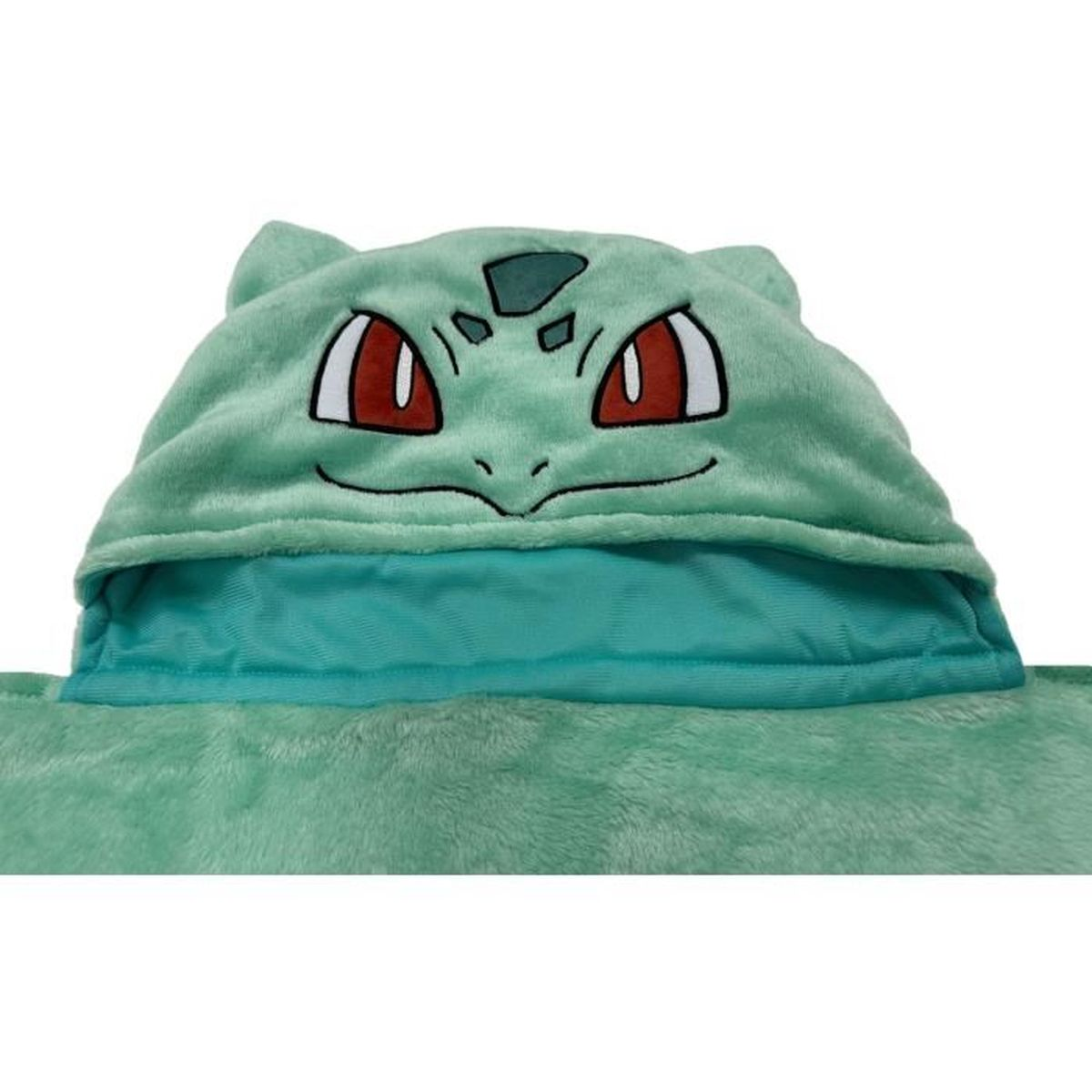 Ein grüner Plüsch-Hoodie mit Bulbasaur-Gesicht und roten Augen.