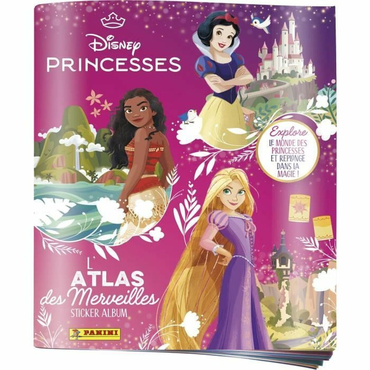 Album di figurine Principesse Disney con Biancaneve, Moana e Rapunzel.