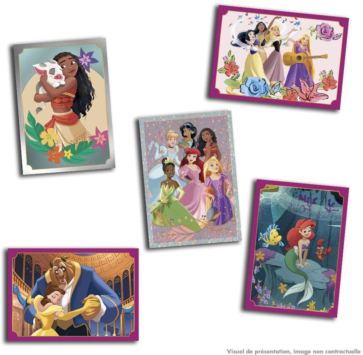 Moana tiene un maialino, principesse ballano e suonano, un gruppo di principesse, Ariel e la Bestia ballano.