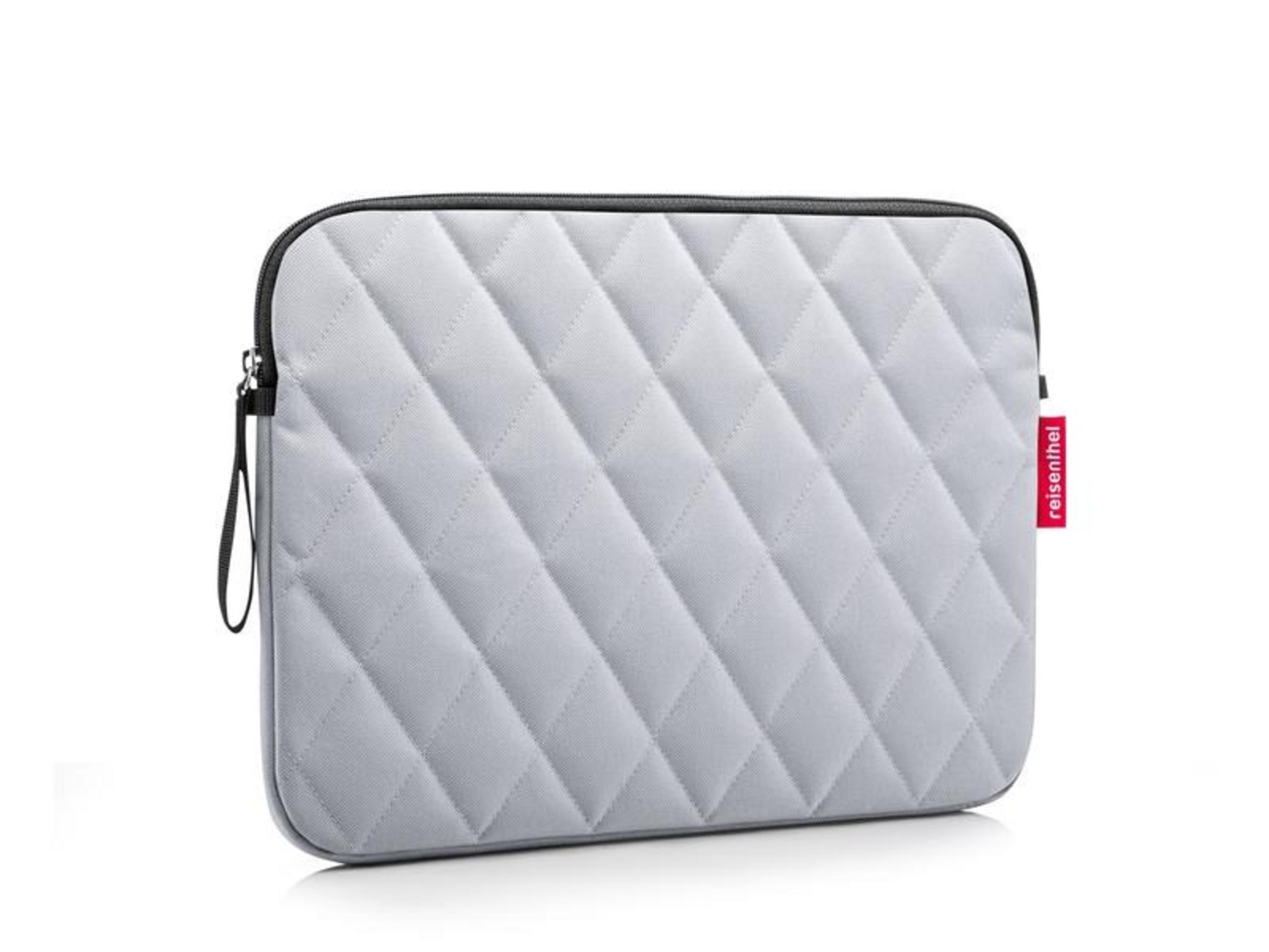 Pochette d'ordinateur portable grise matelassée, zippée, avec anse.