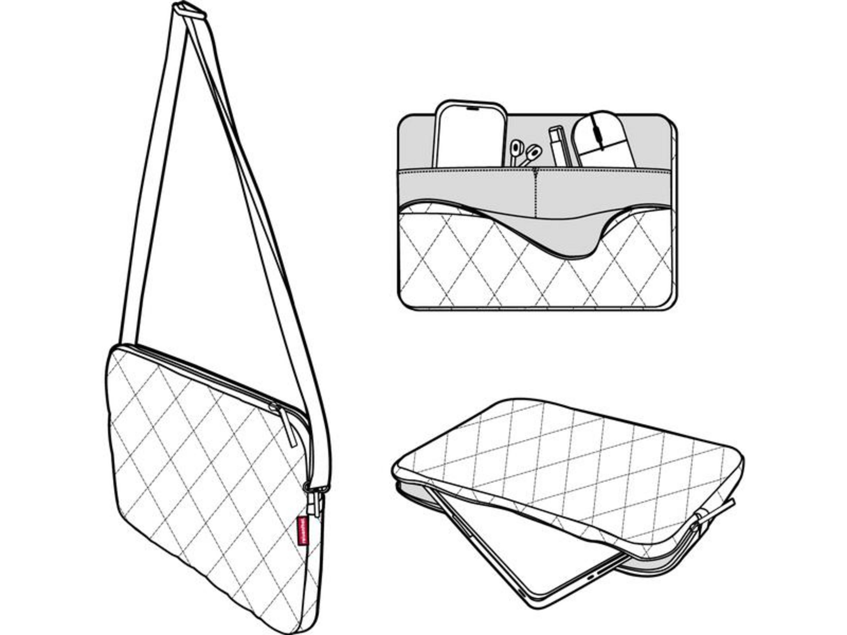 Sac matelassé avec bandoulière, montrant des poches organisatrices pour appareils.