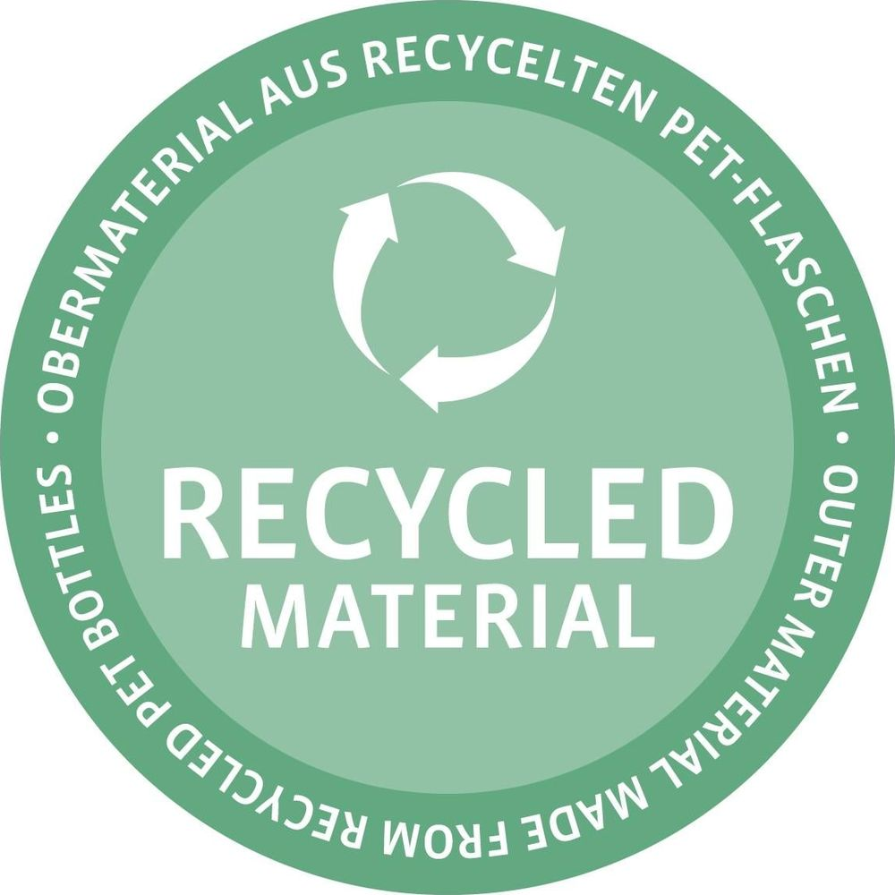 Symbole de recyclage : Matière extérieure fabriquée à partir de bouteilles PET recyclées. Matière recyclée.