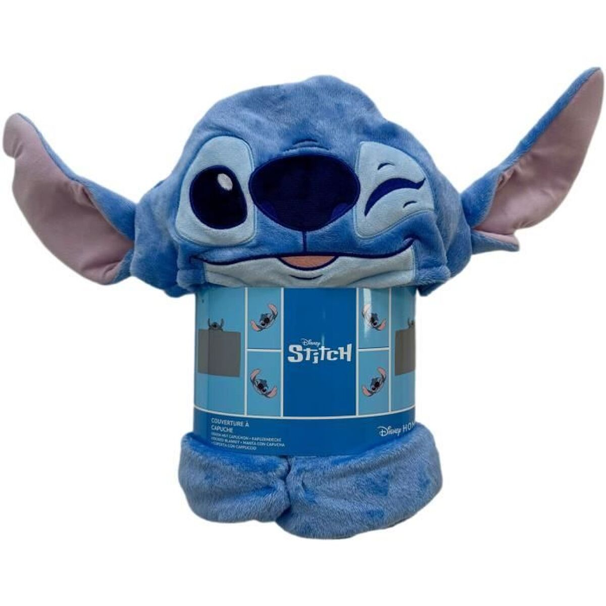 Eine blaue Stitch-Decke mit Kapuze, verpackt in einer Röhre mit Disney-Motiven.