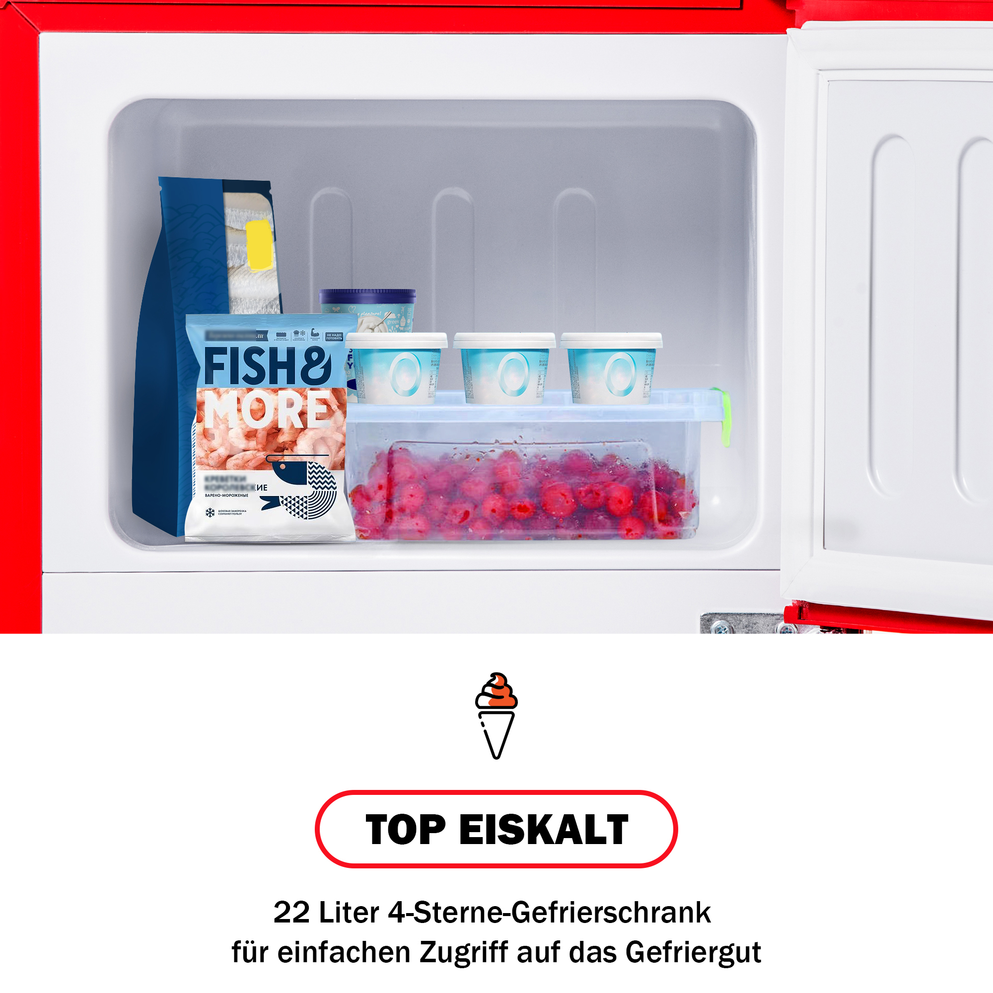 Gefrierschrank mit Fisch, Beeren in einem Behälter und Eiscreme-Bechern.