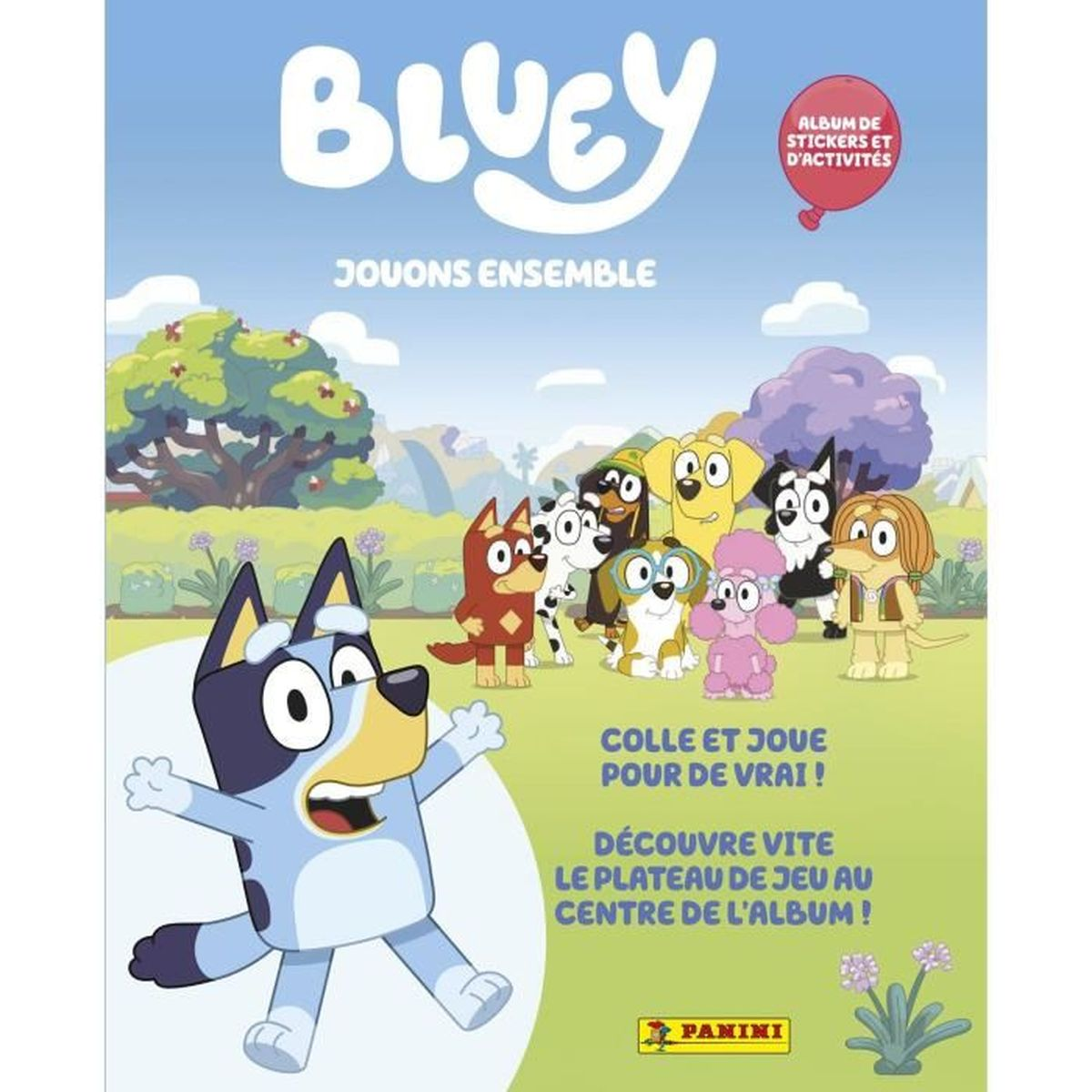 Bluey und Freunde auf einem Album-Cover für Aufkleber und Aktivitäten.