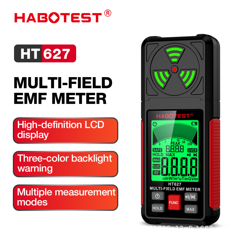 Ein schwarzer und roter HABOTEST HT627 EMF-Messgerät mit LCD-Display.