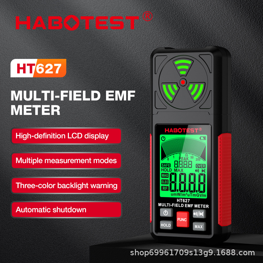 Ein schwarzes HABOTEST HT627 EMF-Messgerät mit grünem Display.