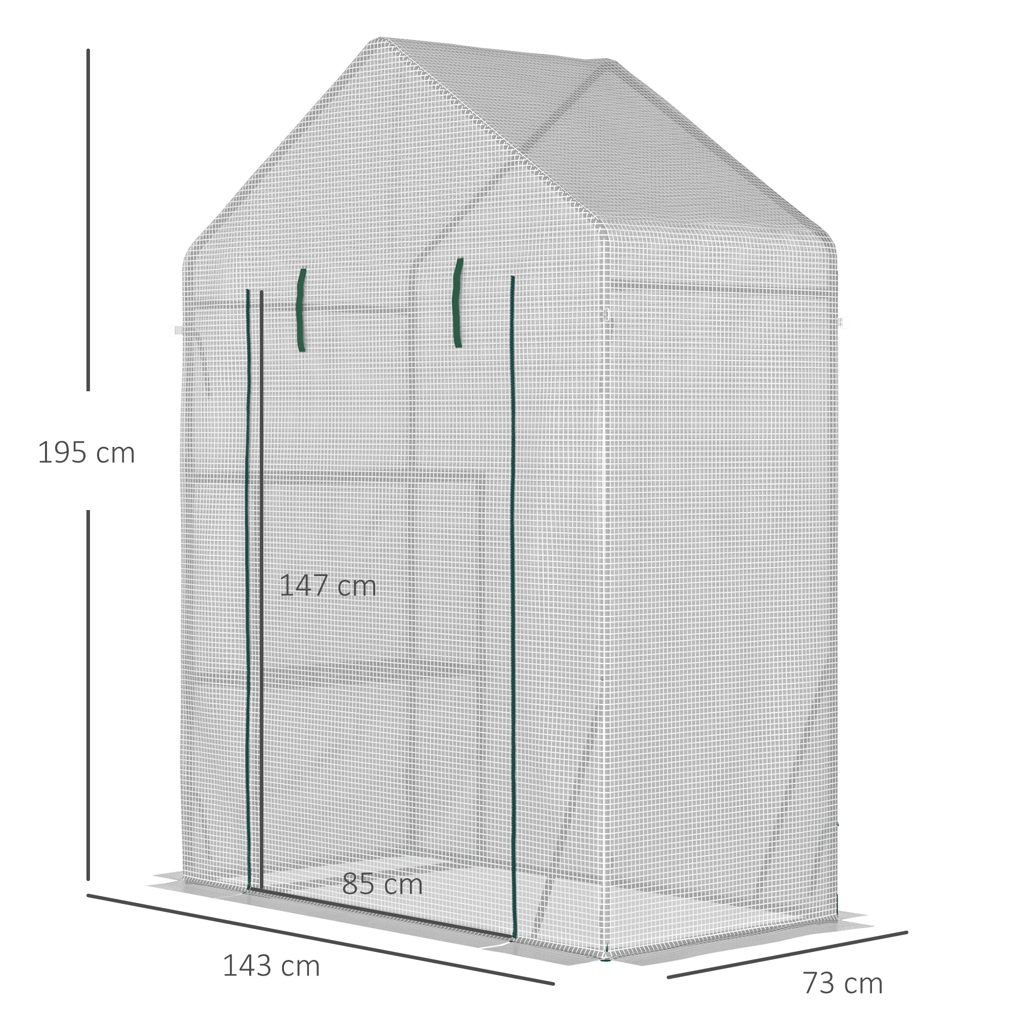 Un invernadero blanco rectangular con textura de malla y asas verdes.