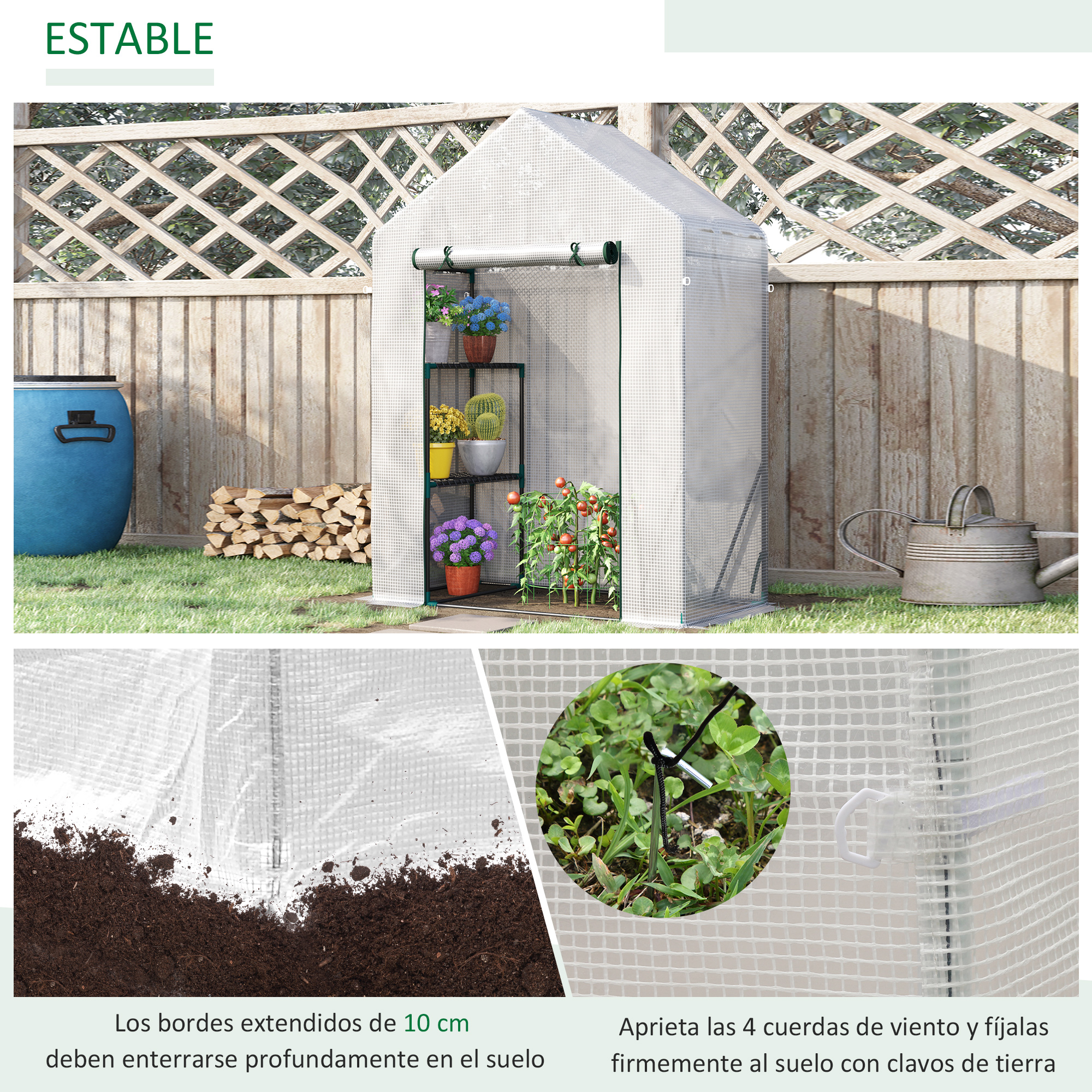 Un invernadero con plantas, leña, barril azul y regadera en el jardín.