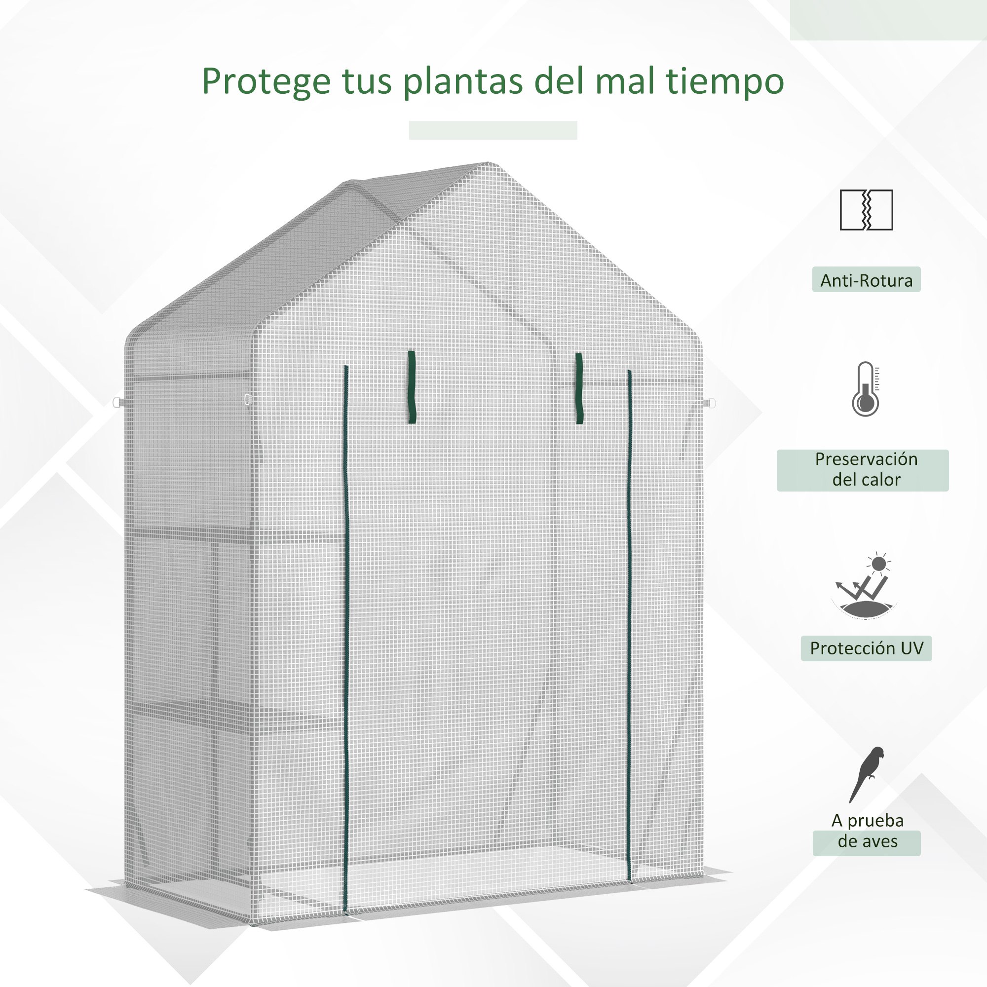 Un invernadero con estructura de malla, protegiendo plantas del mal tiempo.