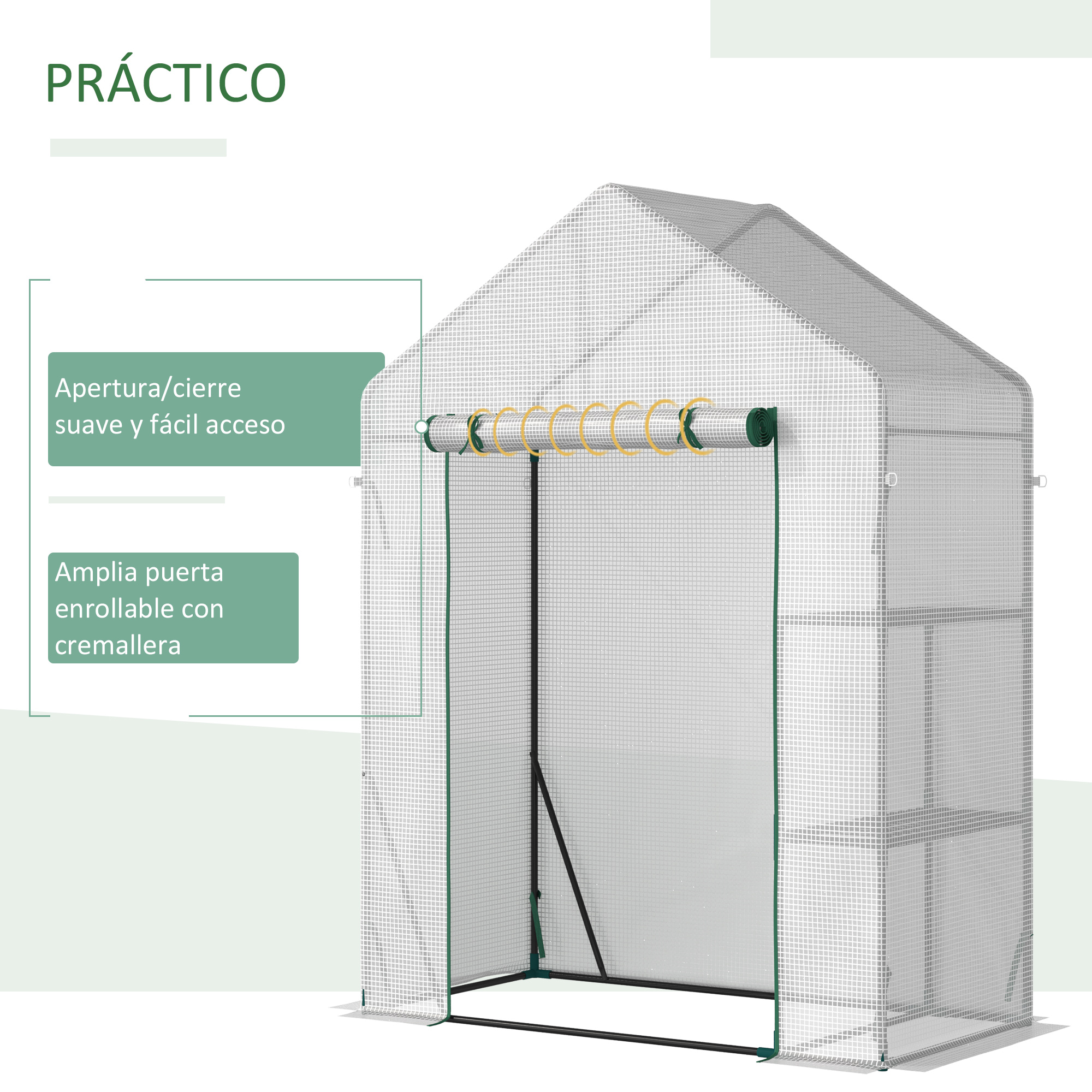 Un práctico invernadero con puerta enrollable y fácil acceso.