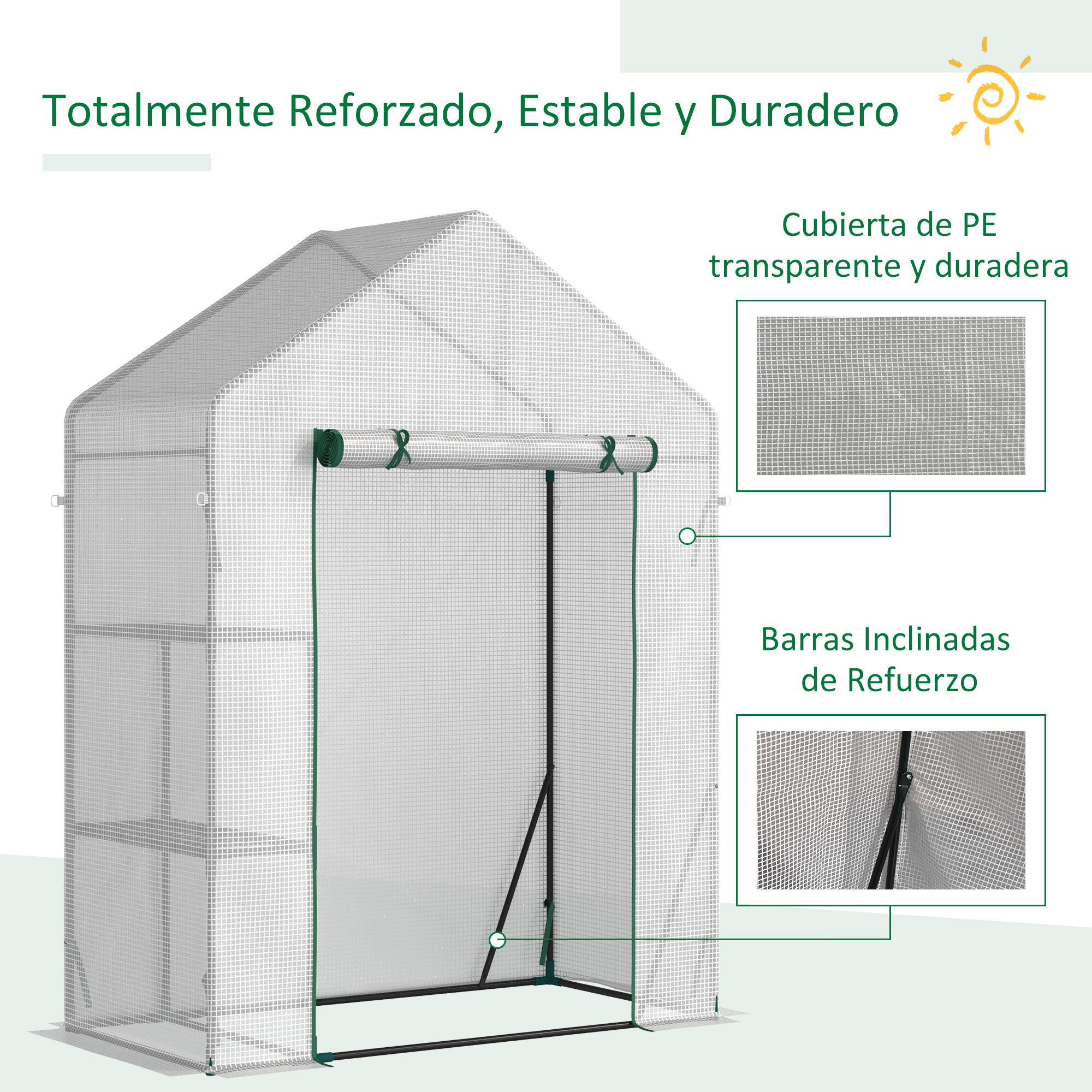 Estructura de invernadero transparente con puerta enrollable y estantes.