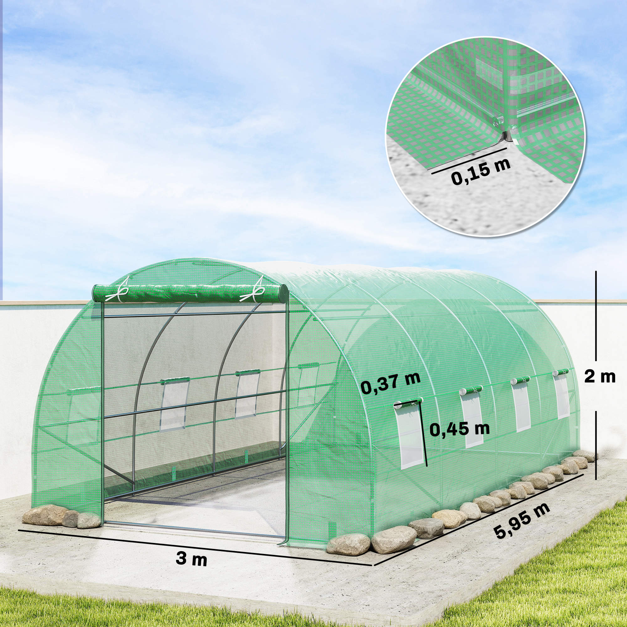 Invernadero verde con dimensiones, ventanas y piedras.