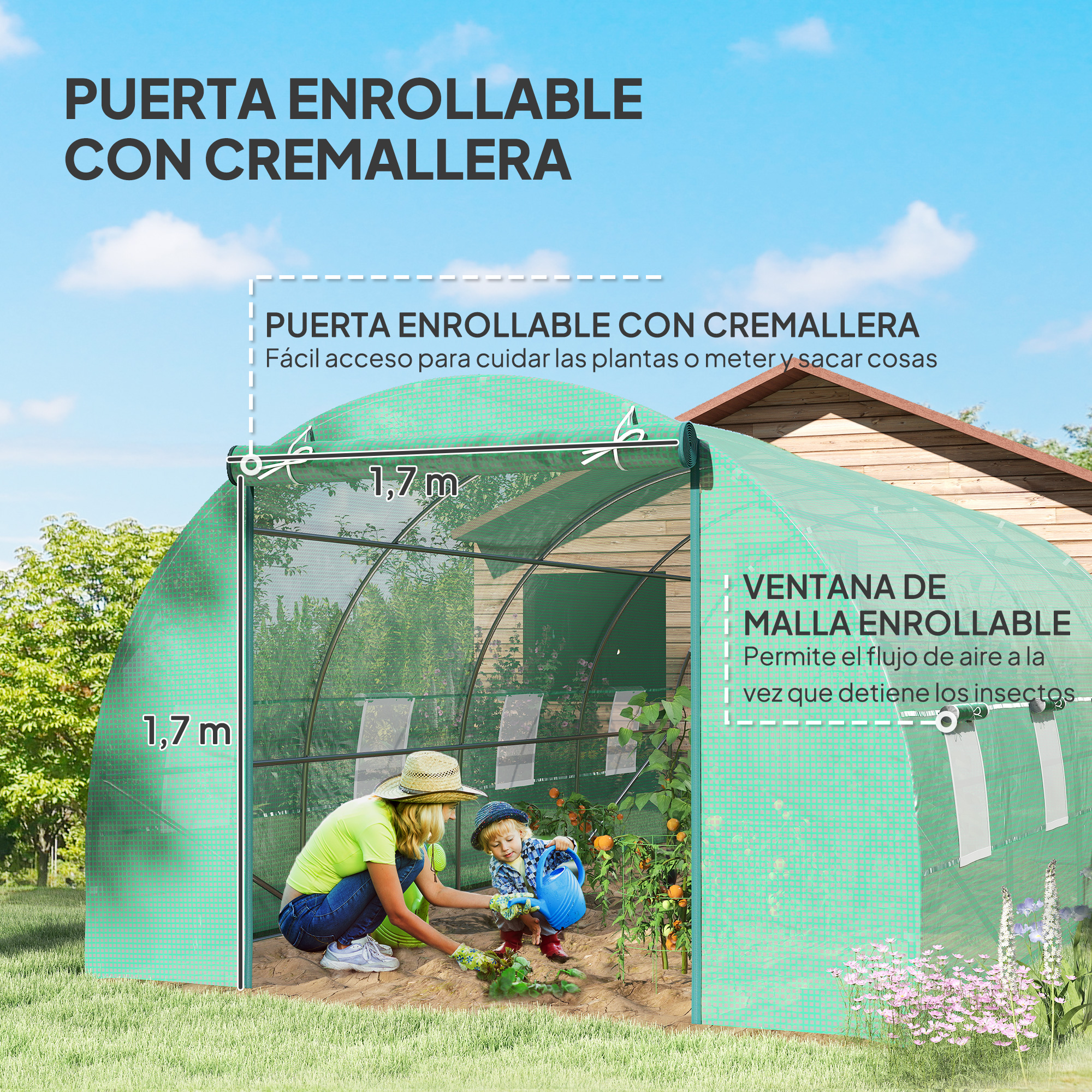 Mujer y niño cuidan plantas en invernadero verde con ventanas enrollables.