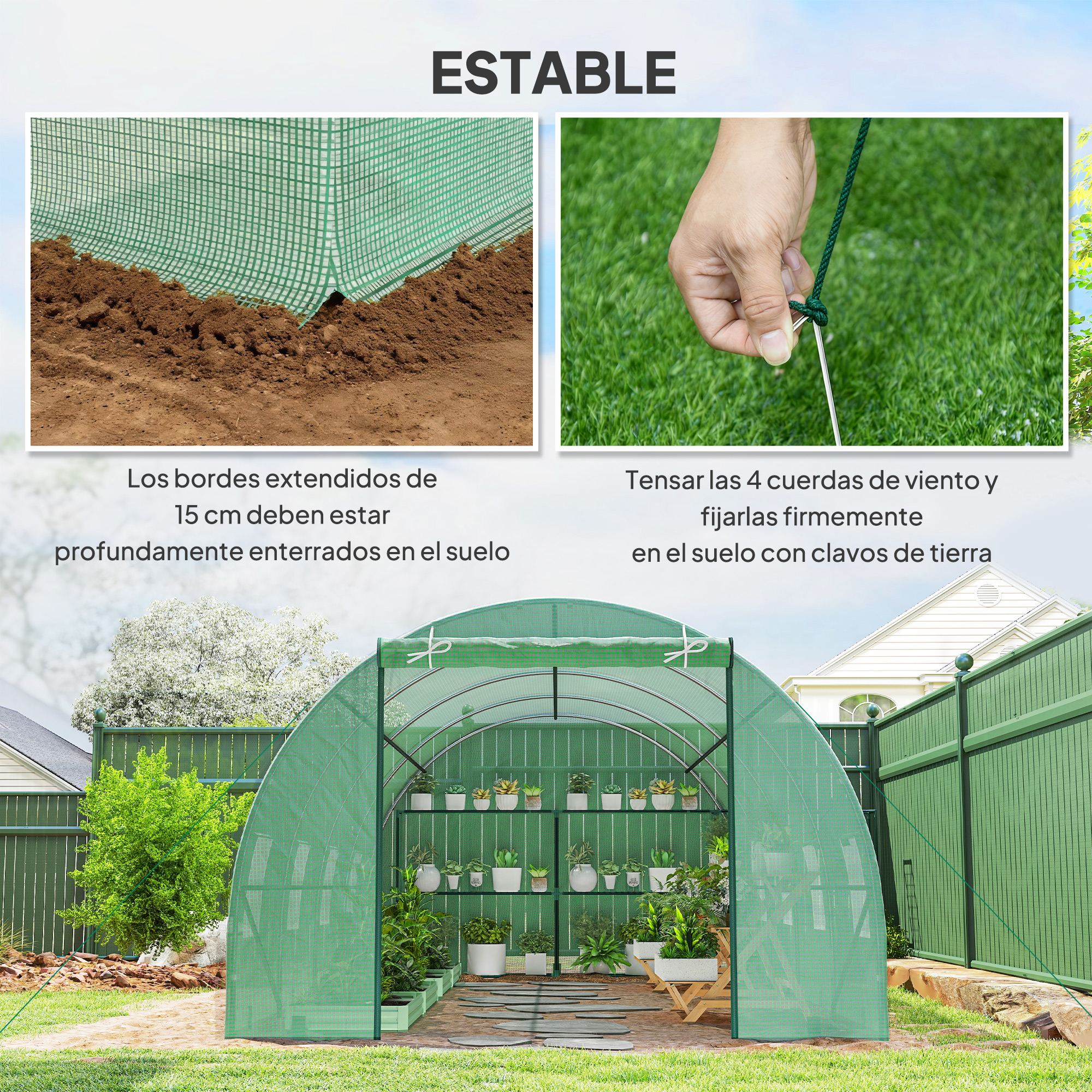 Un invernadero verde con estantes llenos de plantas, suculentas y tierra. Rodeado de césped y vallas.