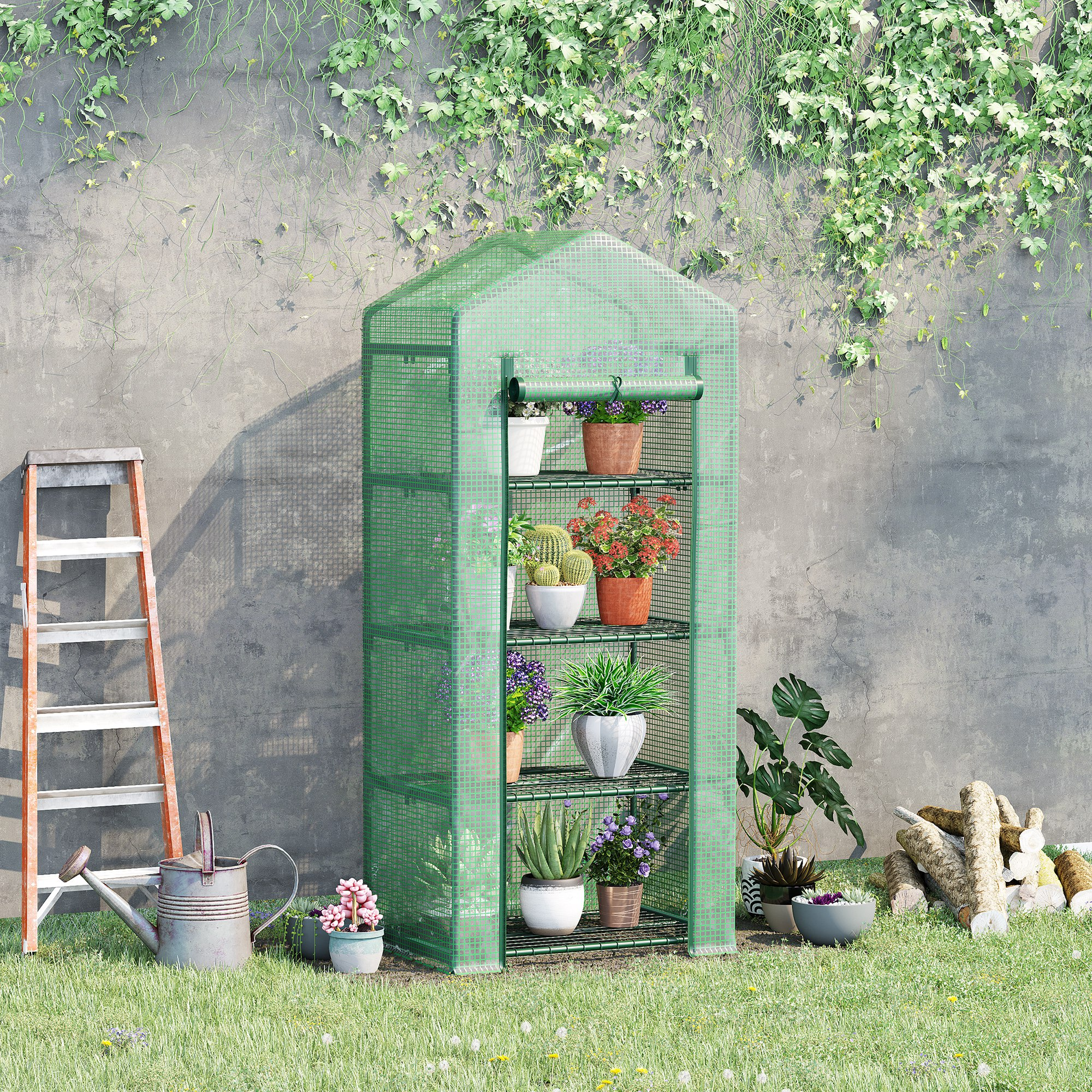Un invernadero verde con estantes, lleno de varias plantas y cactus.
