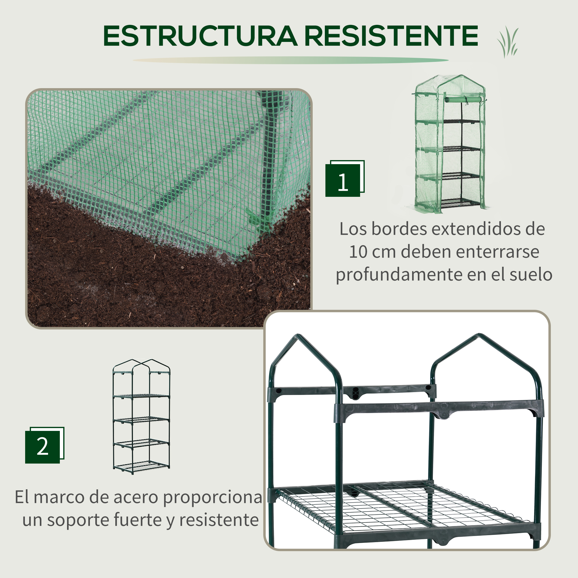 Se muestra un invernadero verde con cuatro estantes y anclaje al suelo.