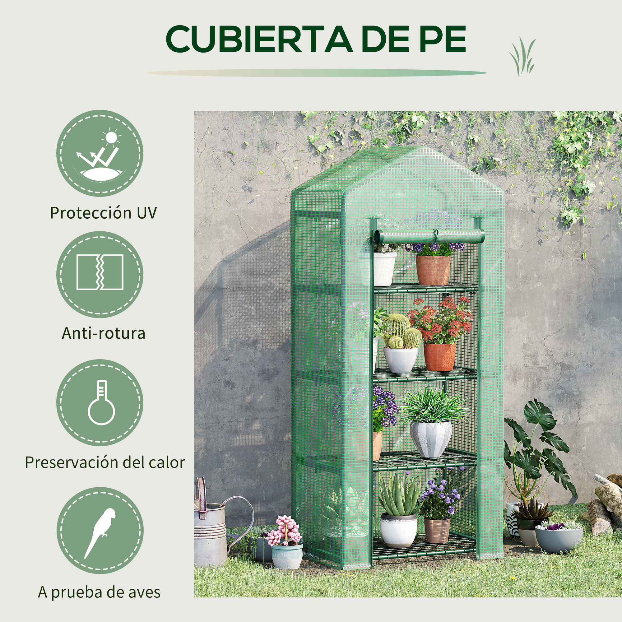 Un mini invernadero verde con plantas en estantes contra una pared de hormigón.