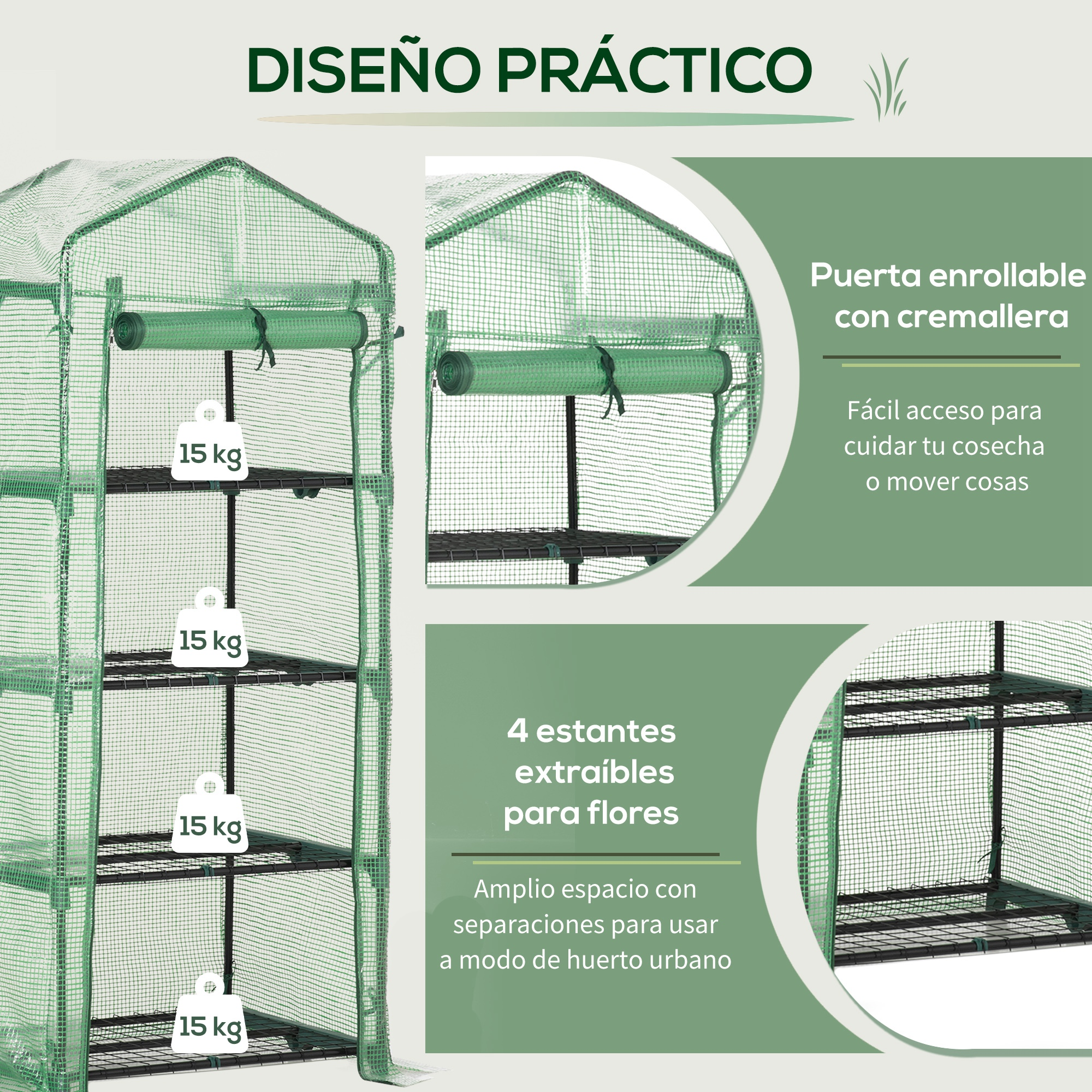 Invernadero verde con cuatro estantes, puerta enrollable y capacidad de 15 kg.