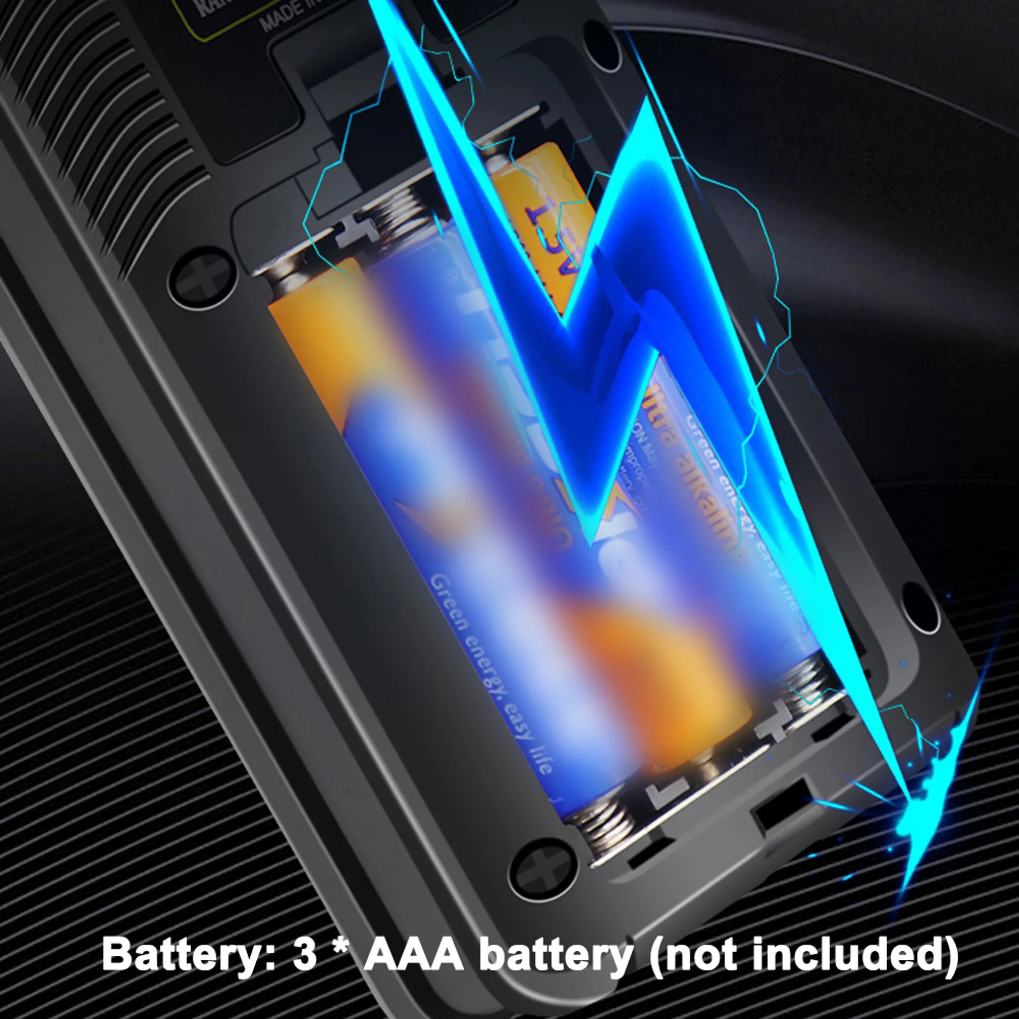 Blick auf AAA-Batterien in einem Batteriefach, mit blauen Energieeffekten.