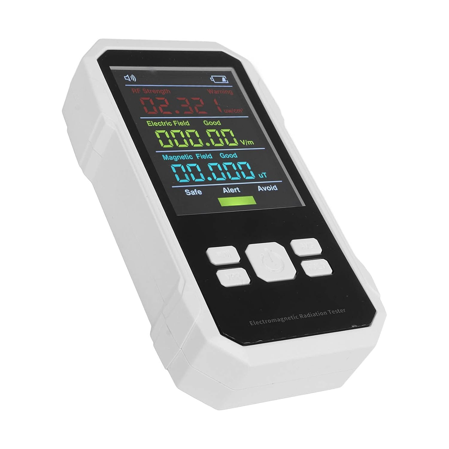 Ein weißes Elektromagnetisches Strahlungsmessgerät mit einem digitalen Bildschirm.