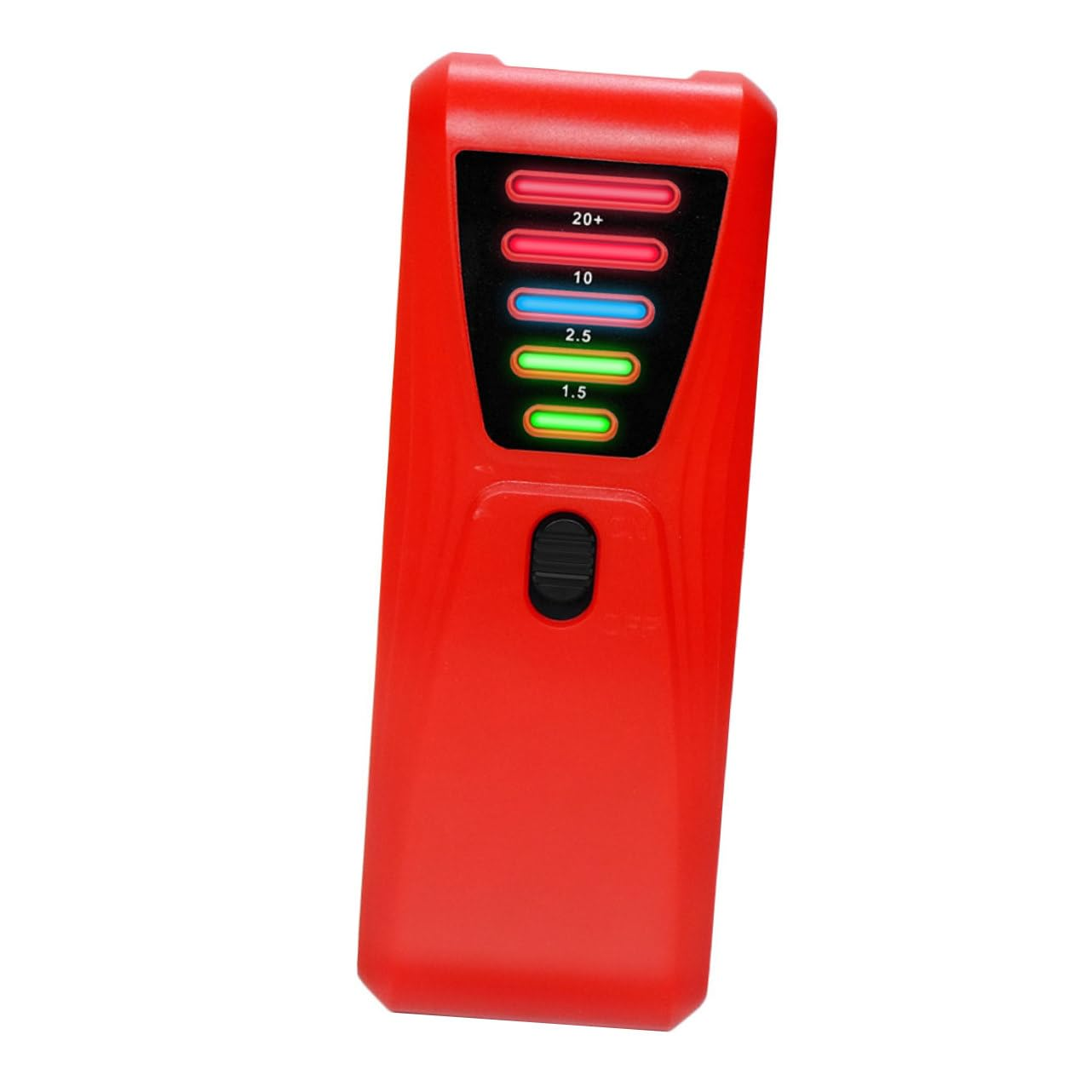 Ein rotes Messgerät mit fünf farbigen LED-Anzeigen und einem Schalter.