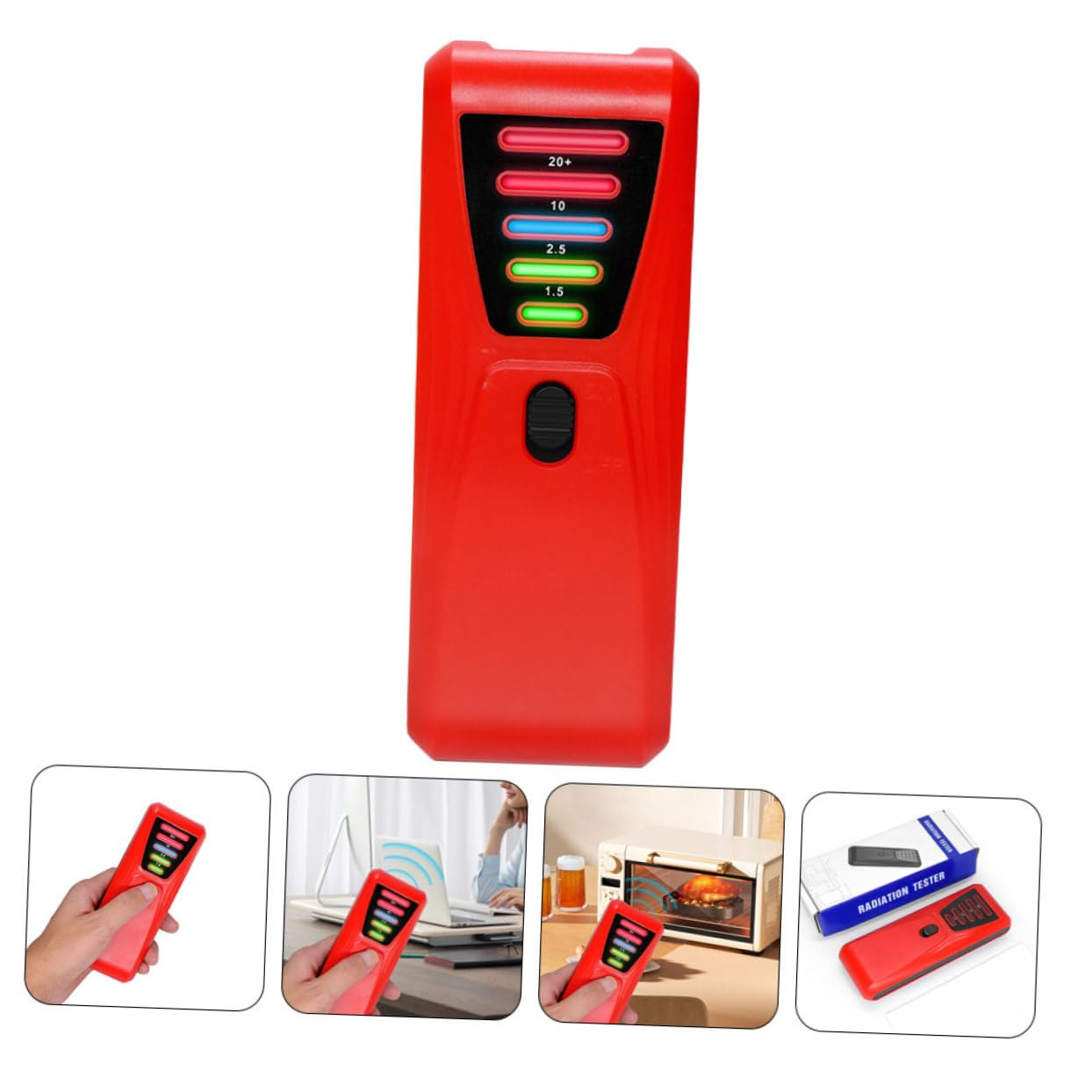 Ein roter Strahlungstester mit LED-Anzeigen und einem schwarzen Knopf.