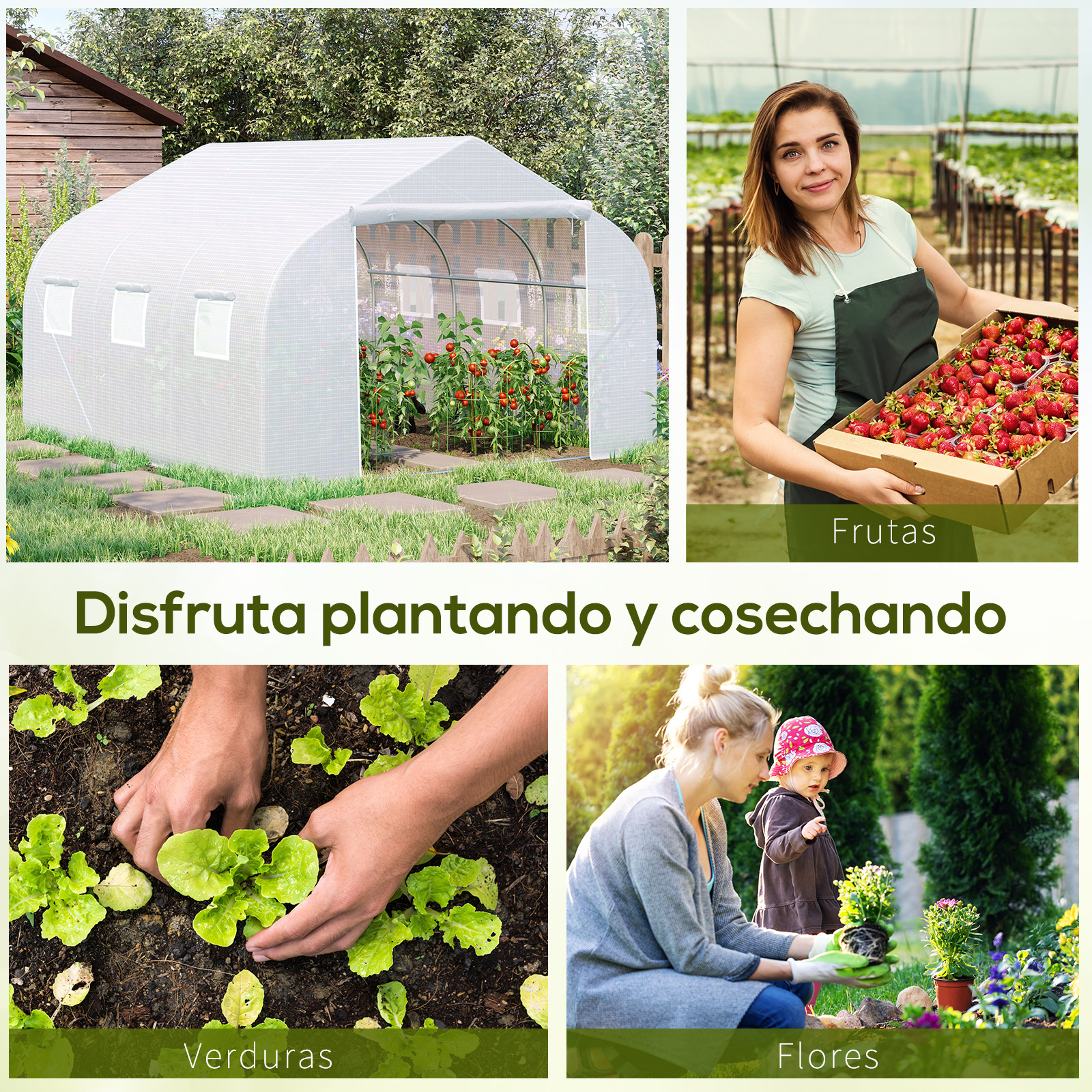 Collage de jardín: invernadero, mujer con fresas, manos plantando lechuga, madre e hijo.