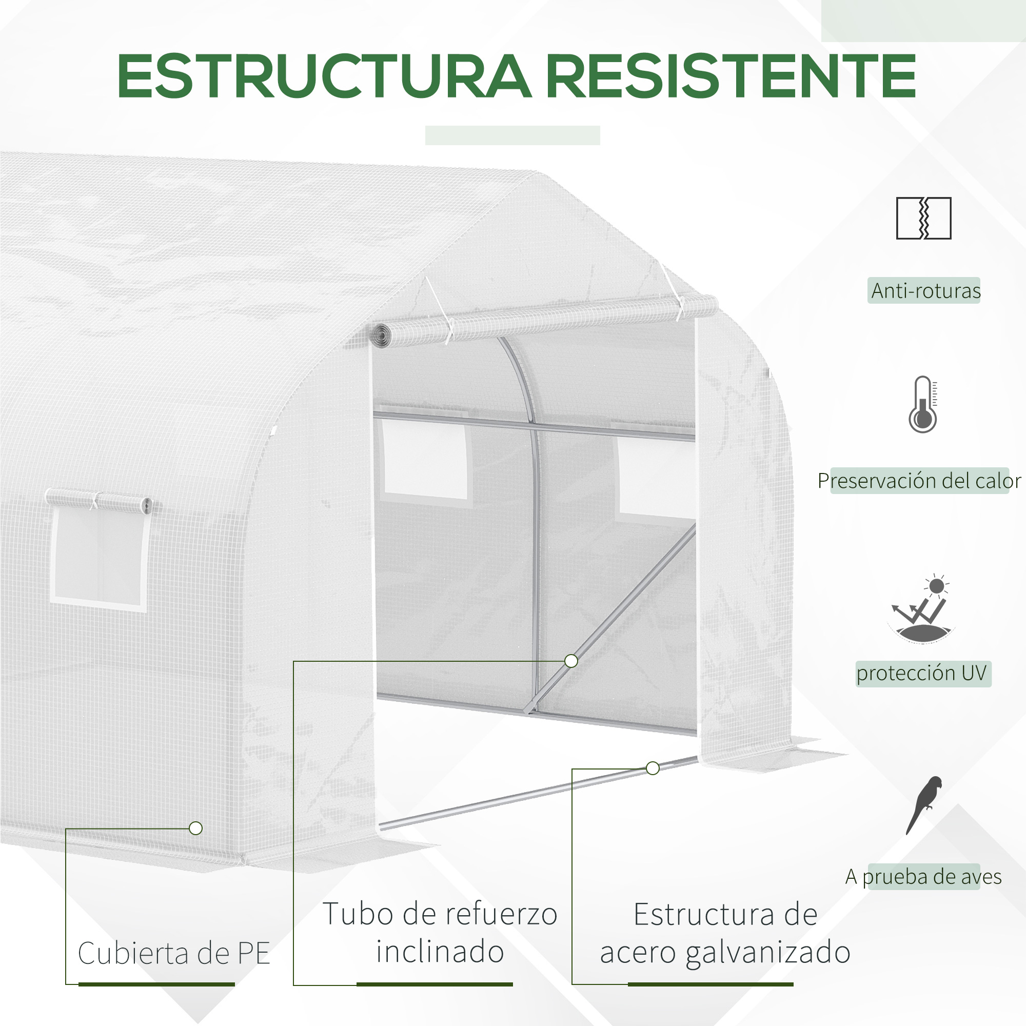 Estructura de invernadero blanca con marco de acero, cubierta de PE, ventanas.