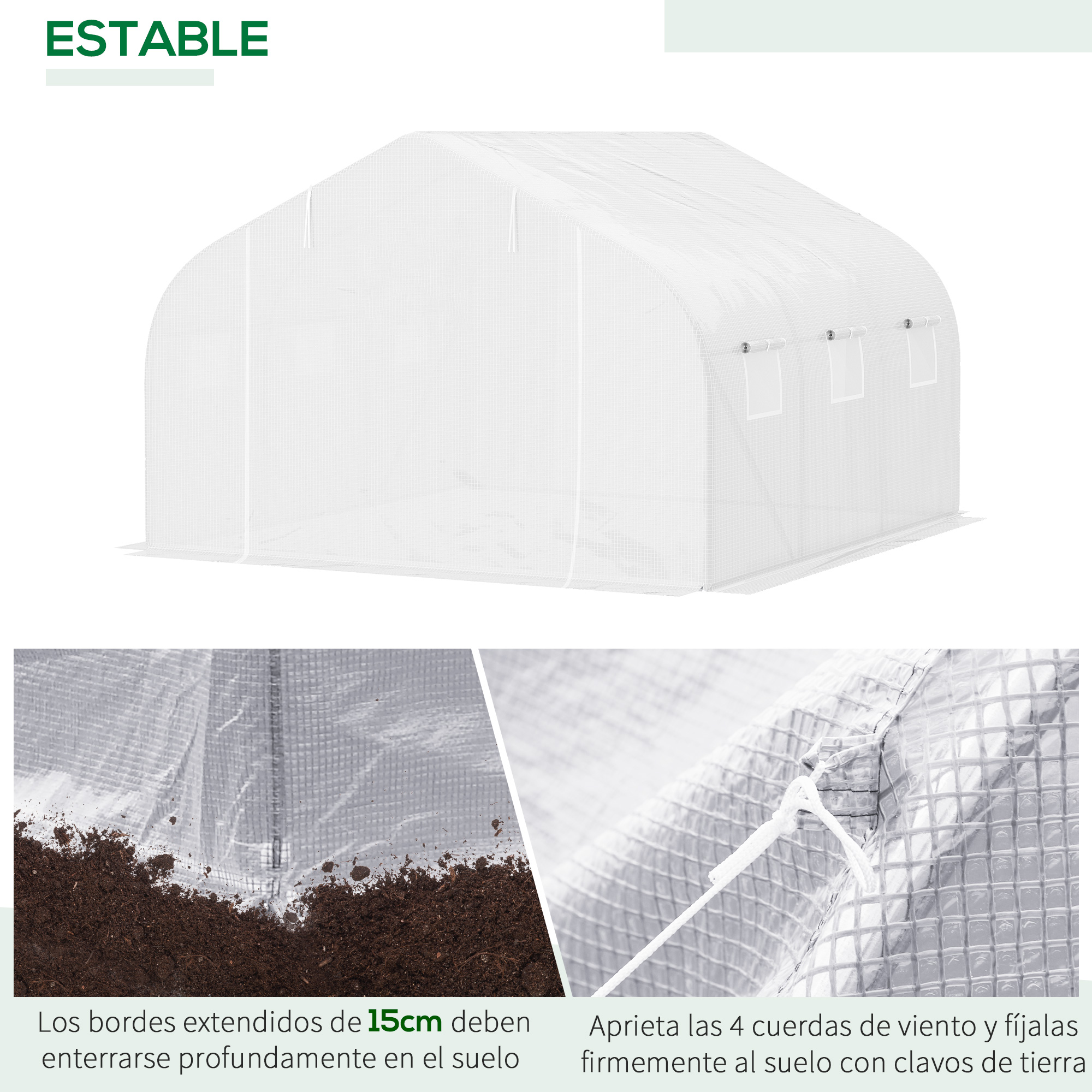 Un invernadero blanco con ventanas y anclaje al suelo.