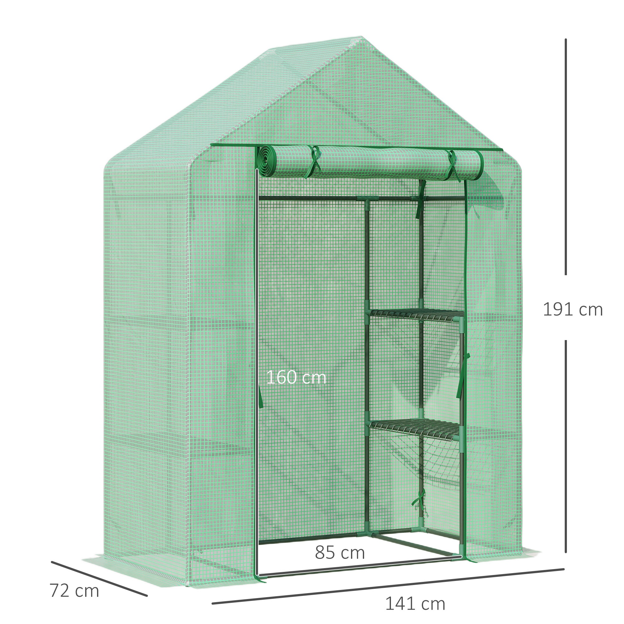 Un invernadero verde con estantes y puerta enrollable. Se muestran dimensiones.