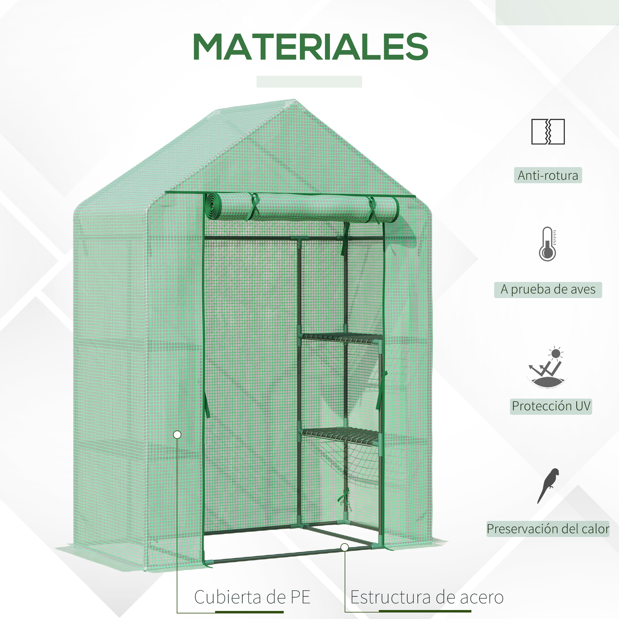 Un invernadero verde con marco de acero y cubierta de PE, con dos estantes.