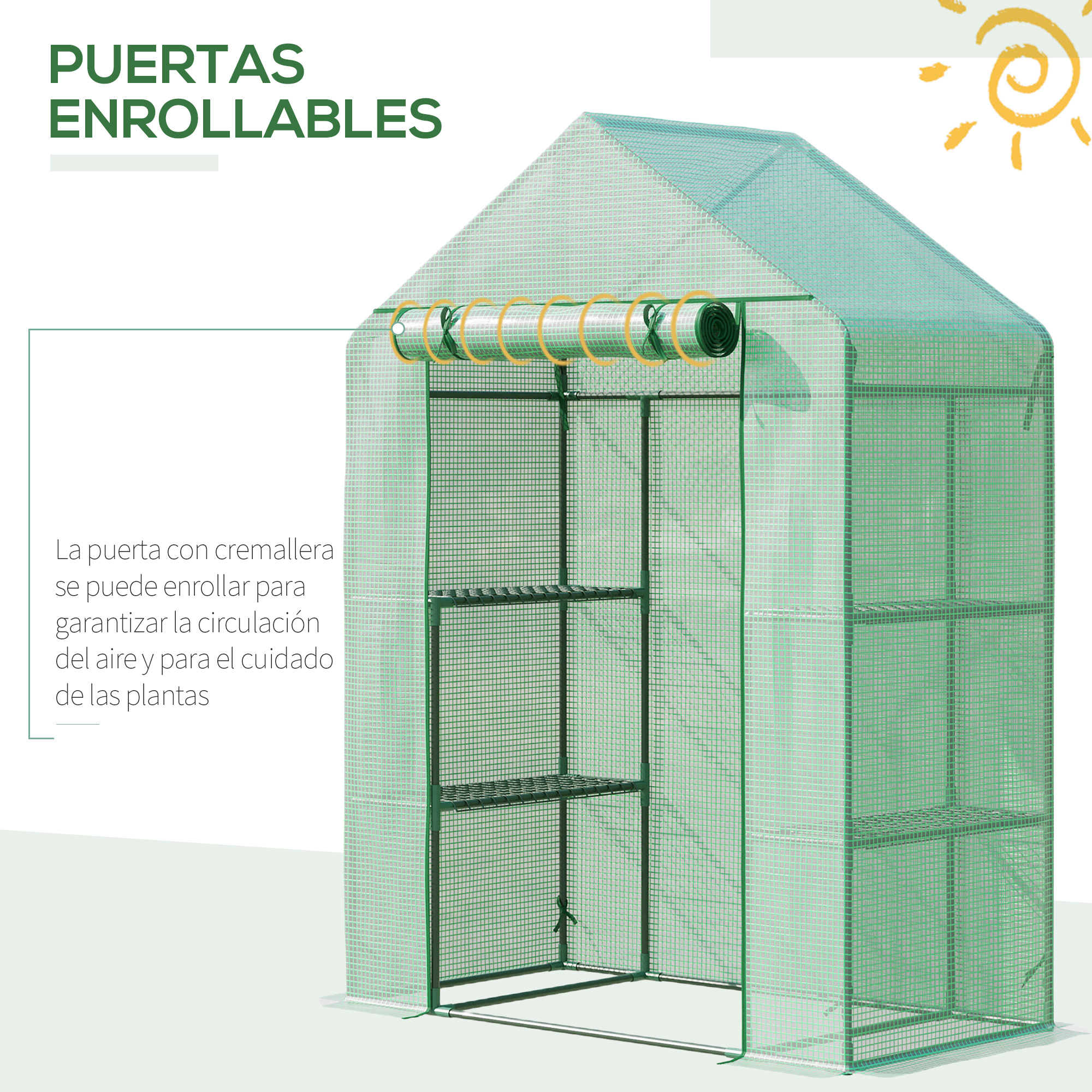 Un invernadero verde con estantes y puerta enrollable, con sol.