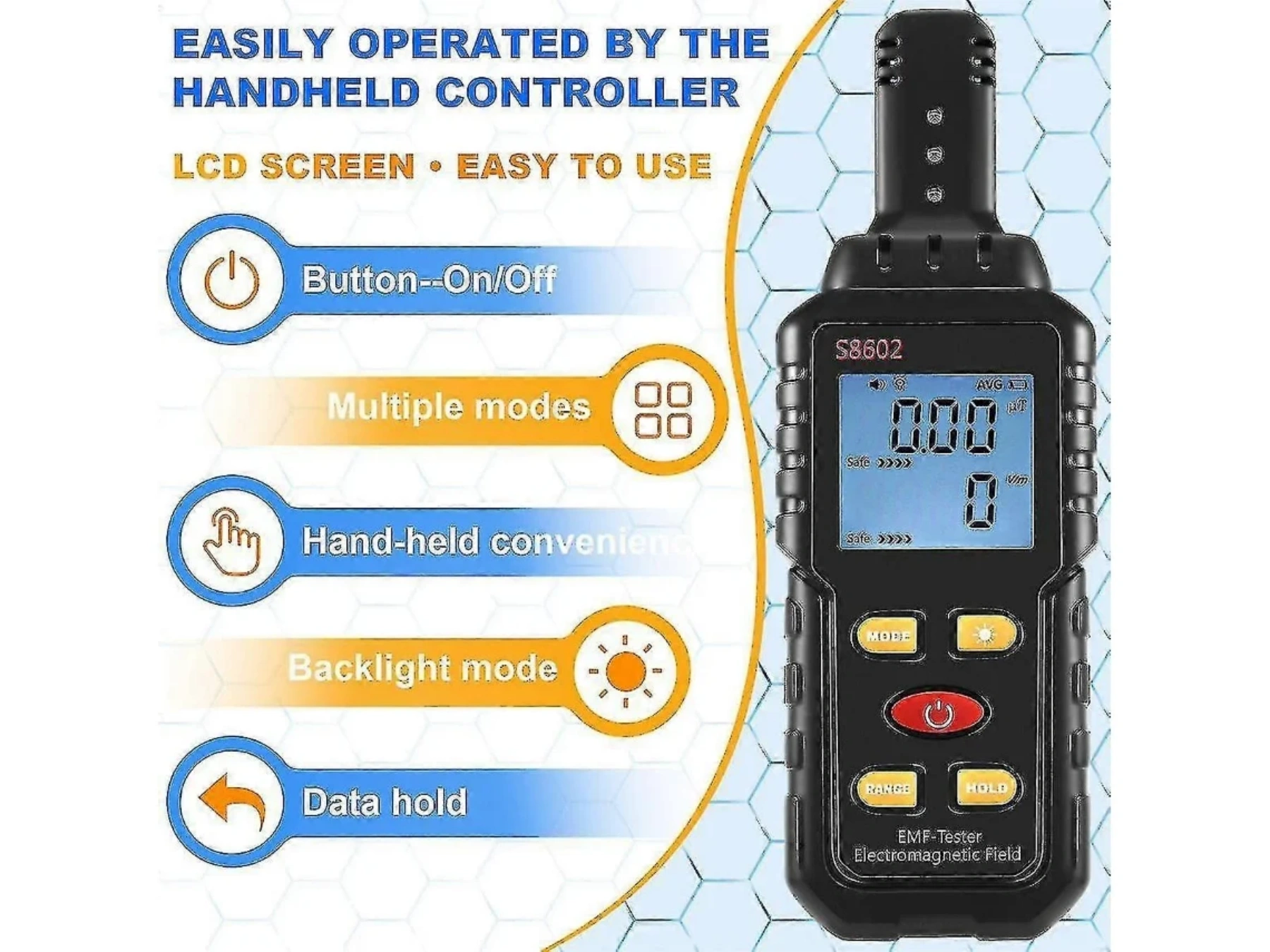 Ein schwarzes EMF-Messgerät mit LCD-Bildschirm, das Funktionen wie Ein/Aus, Modi, Handhabung, Hintergrundbeleuchtung und Datenspeicherung anzeigt.