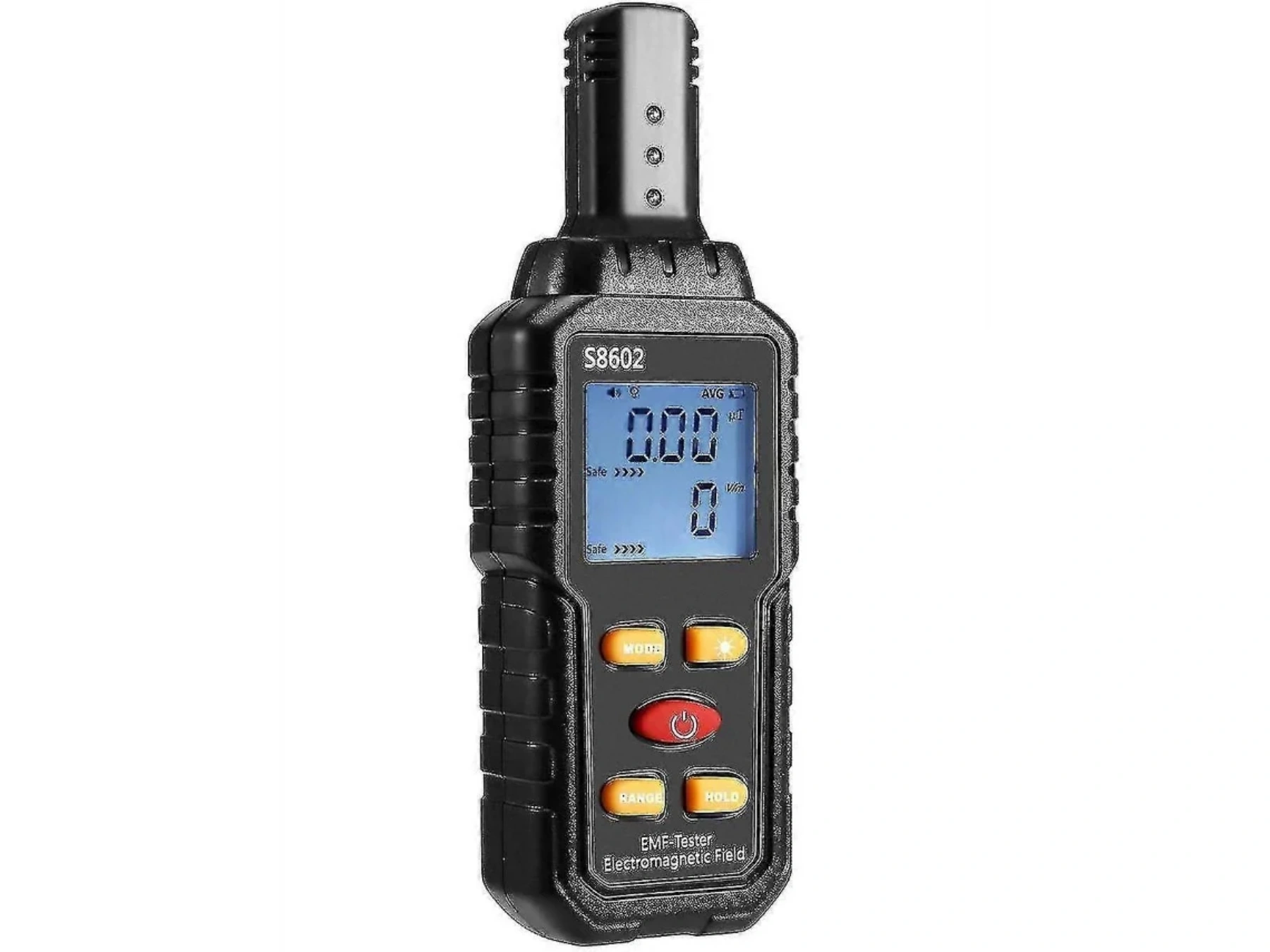Schwarzer EMF-Tester mit blauem LCD-Bildschirm und orangefarbenen Tasten.