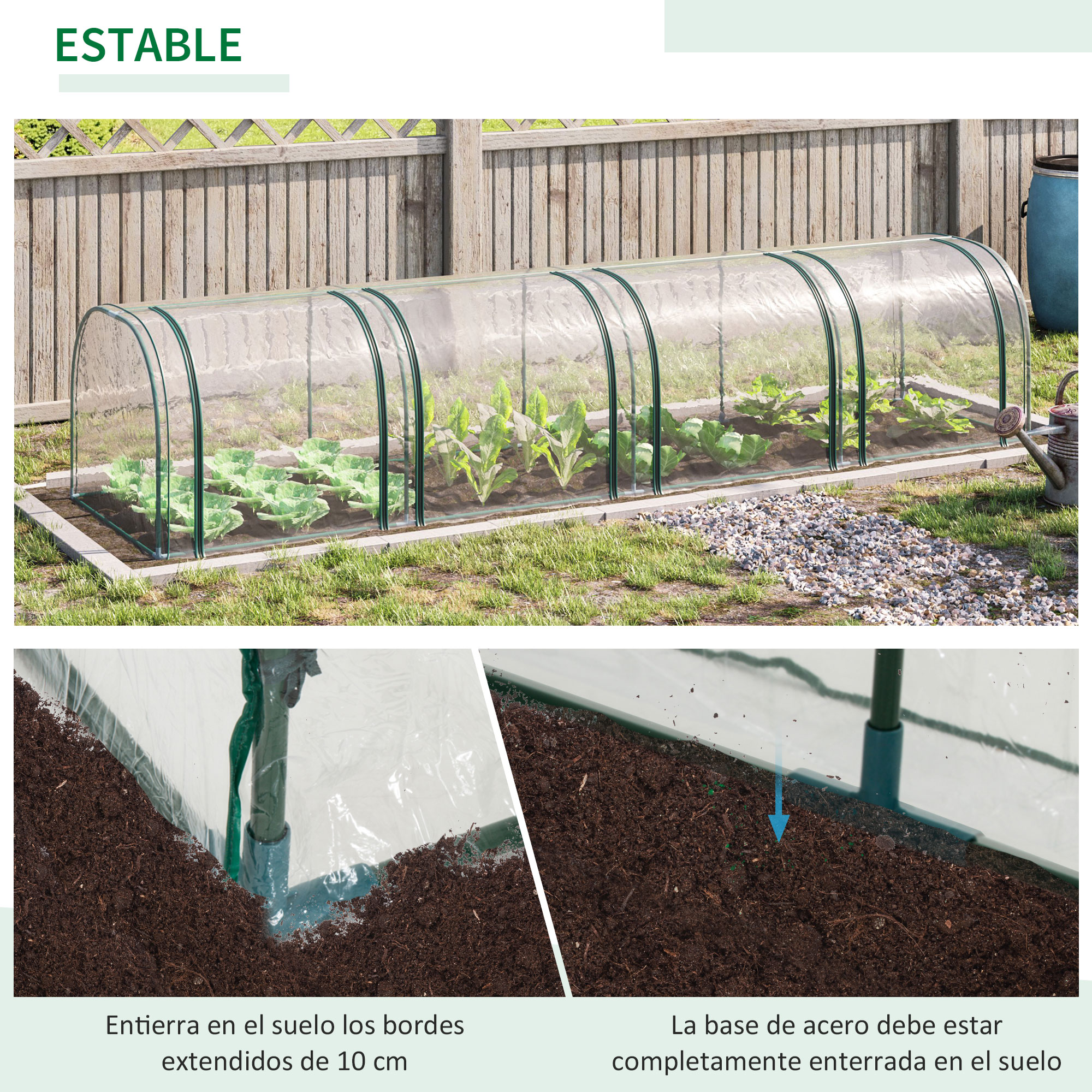 Un invernadero con plantas y una valla de madera detrás.