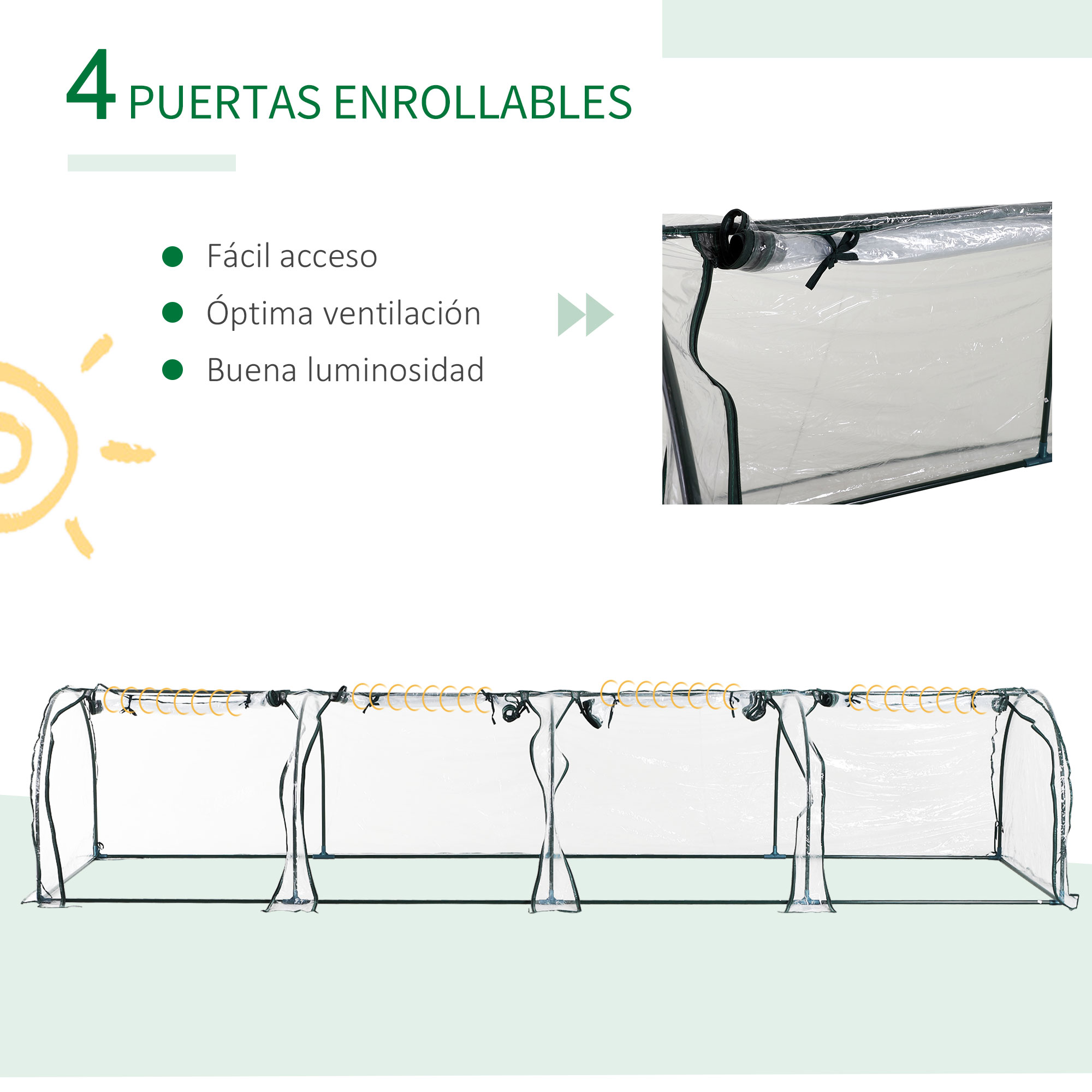 Invernadero con cuatro puertas enrollables, fácil acceso, ventilación.